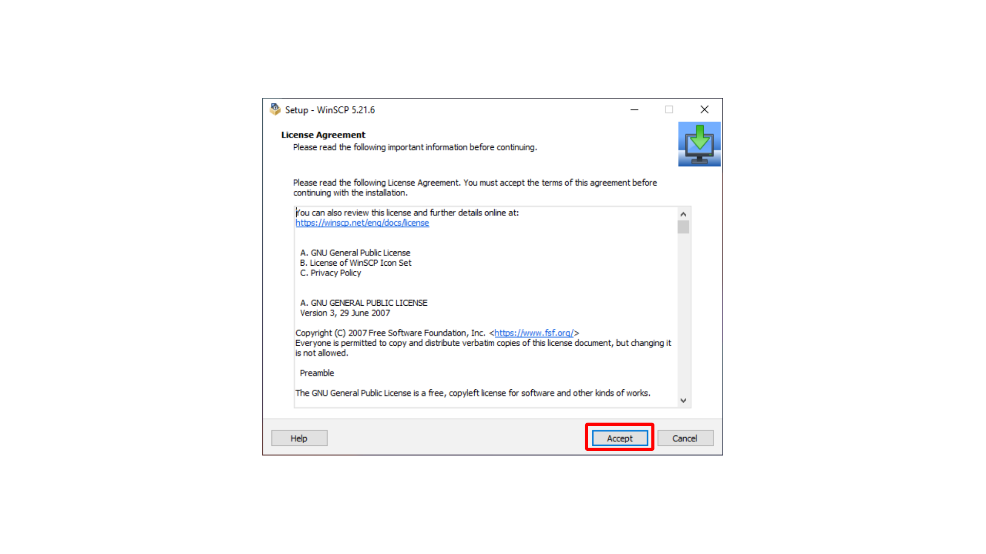 Accepting the WinSCP license agreement