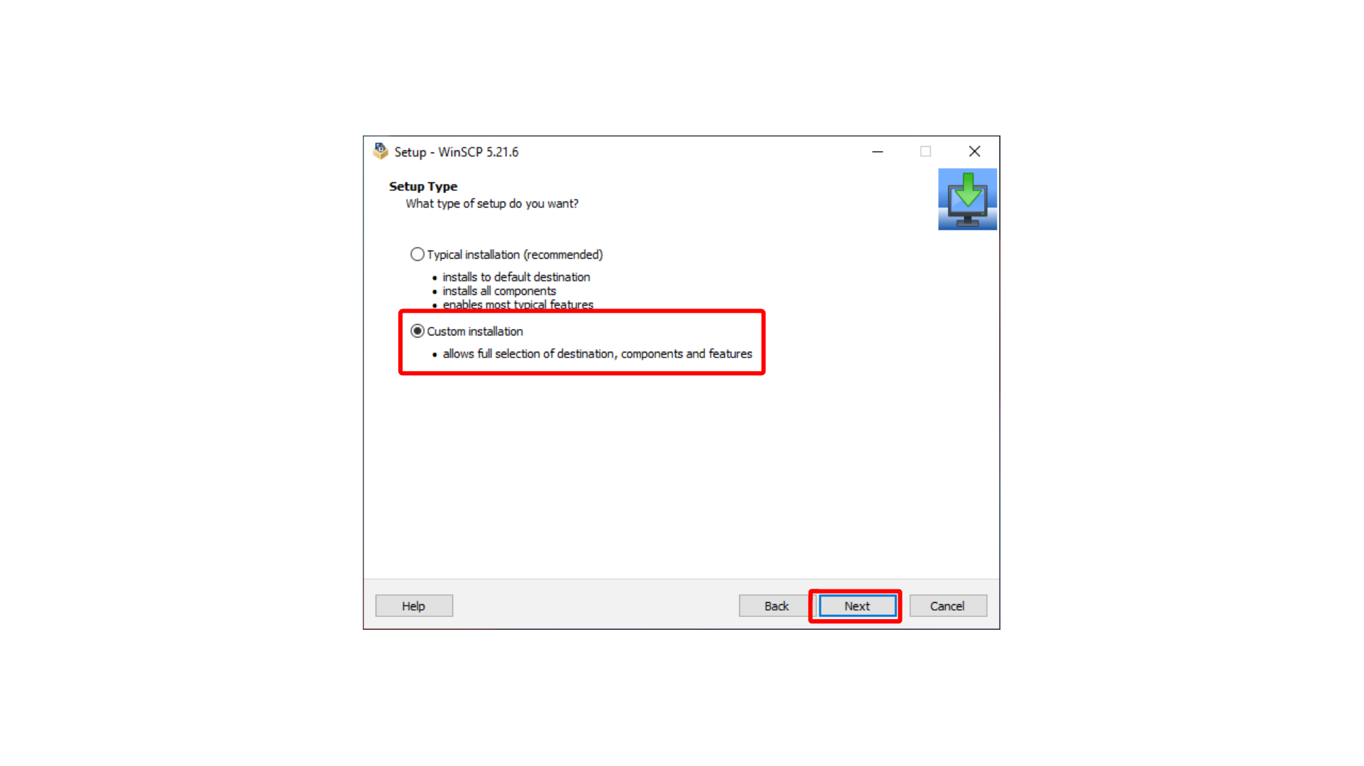 Choosing custom installation for WinSCP