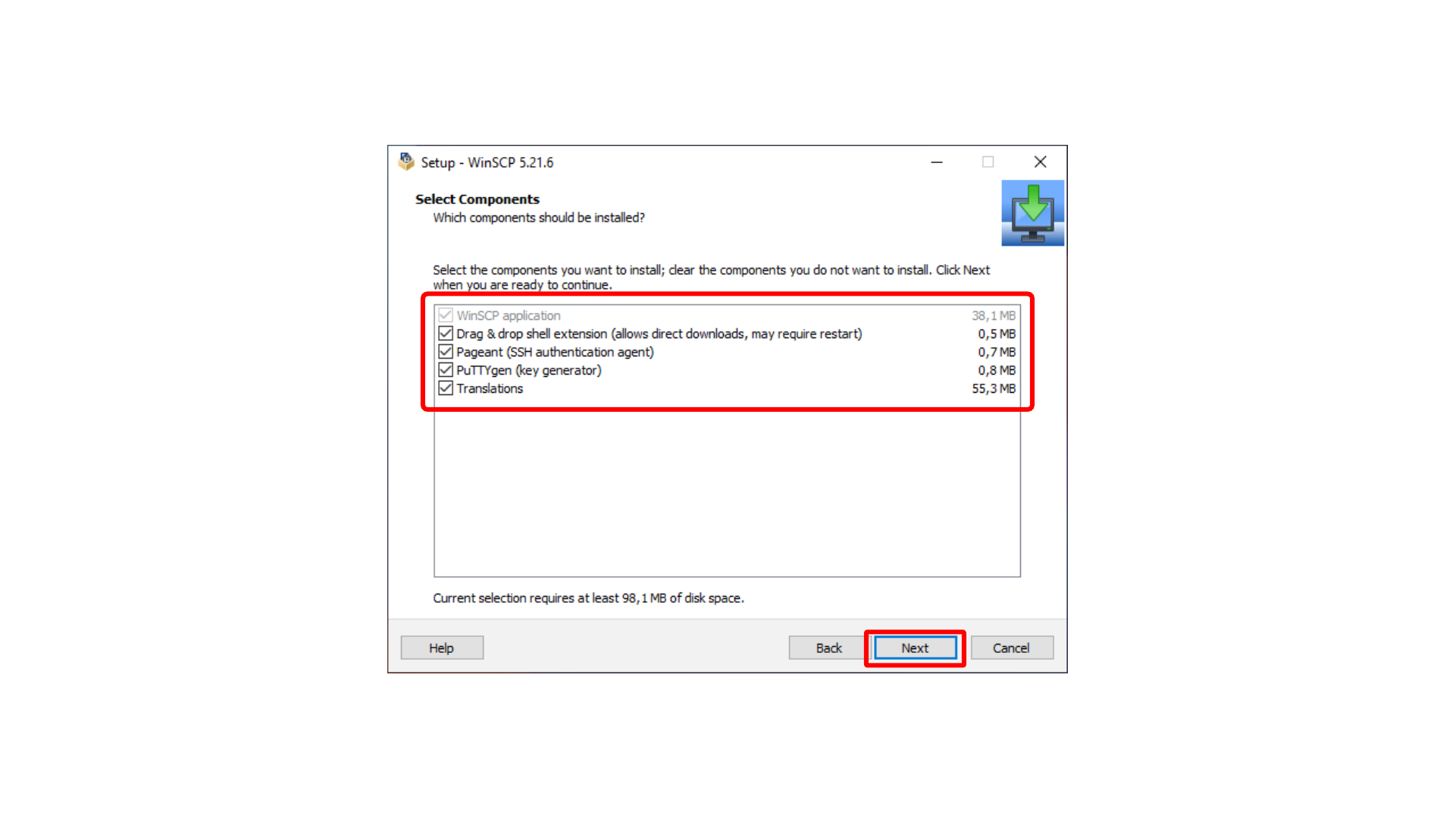Selecting WinSCP installation components