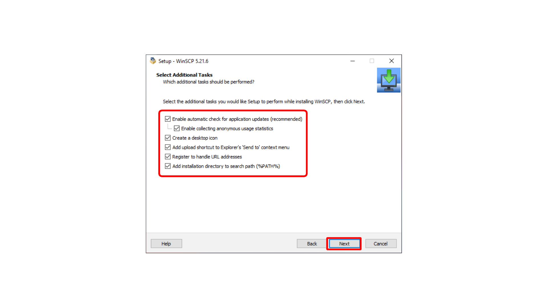 Selecting additional WinSCP setup options