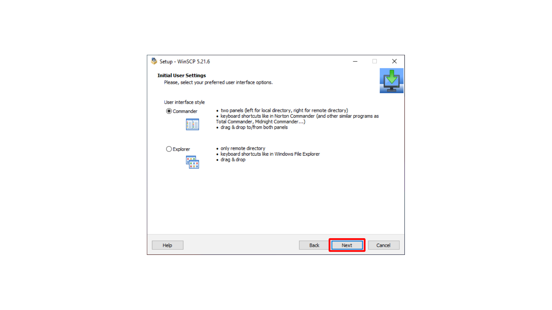Continuing the WinSCP setup wizard