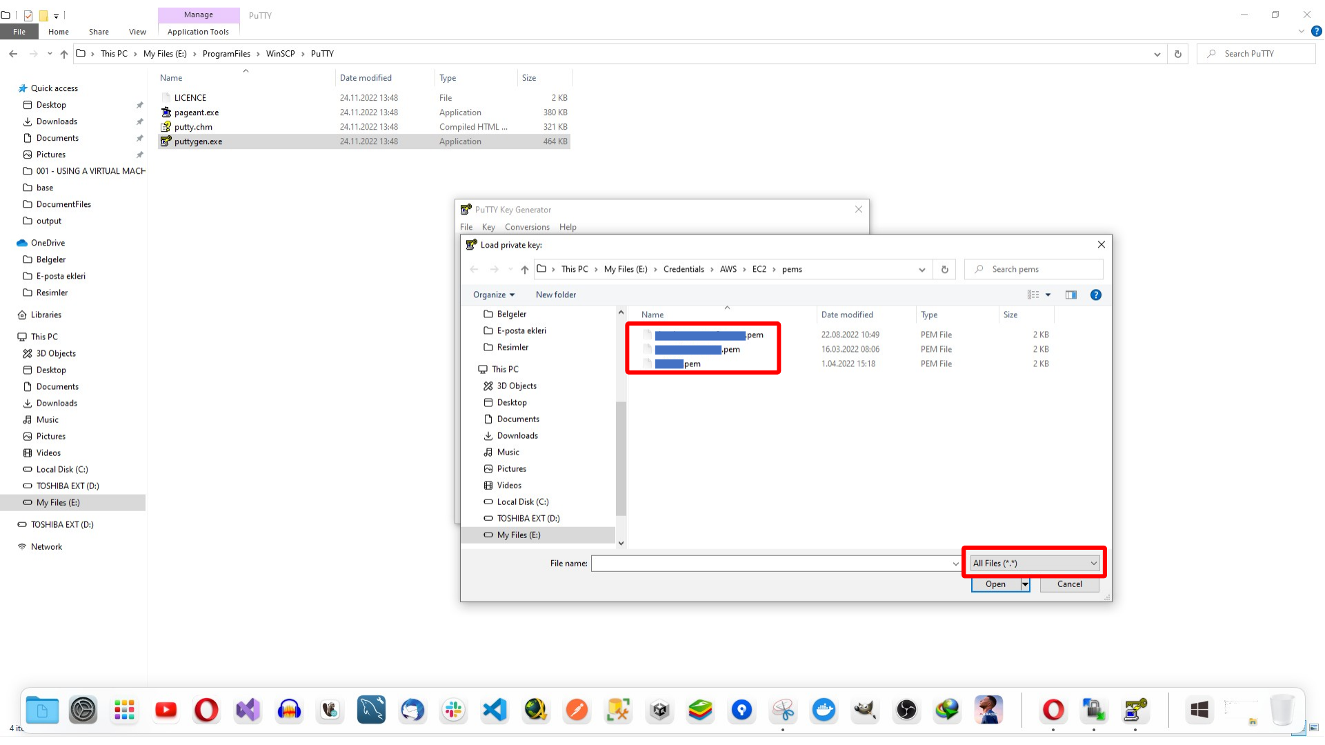 Selecting the EC2 PEM key file in PuTTYgen