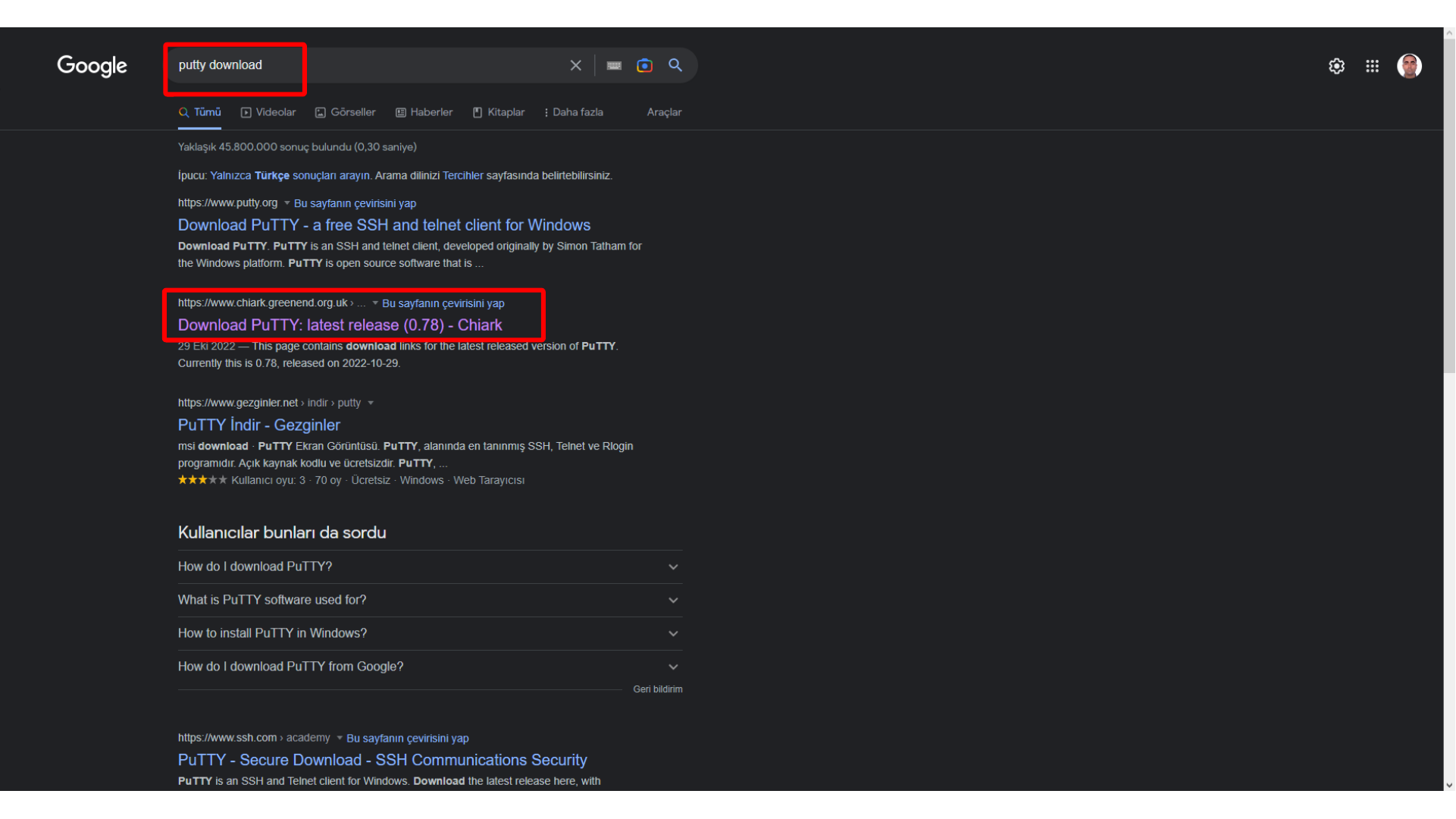 Searching for the PuTTY download page