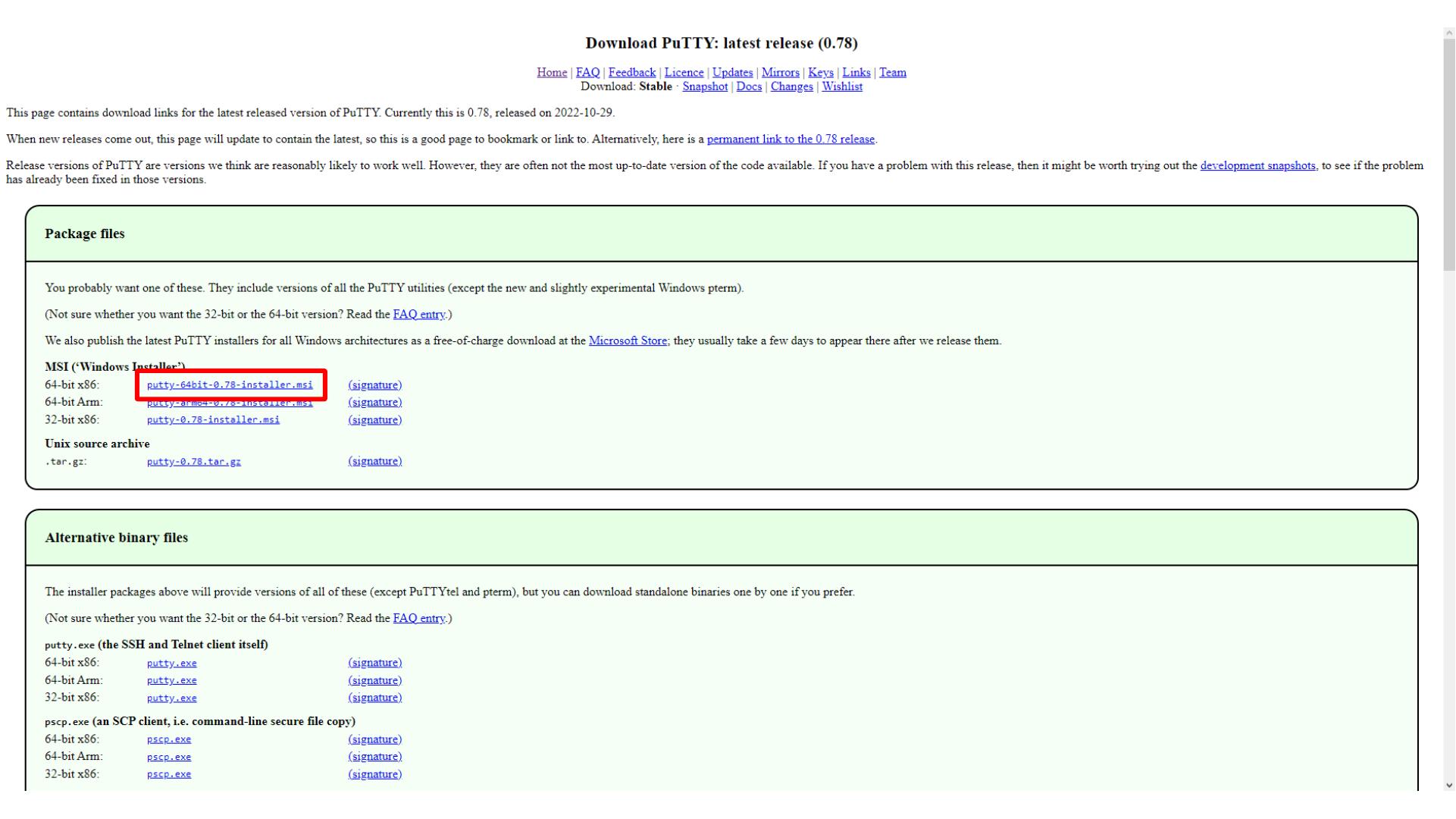 Downloading the PuTTY Windows installer