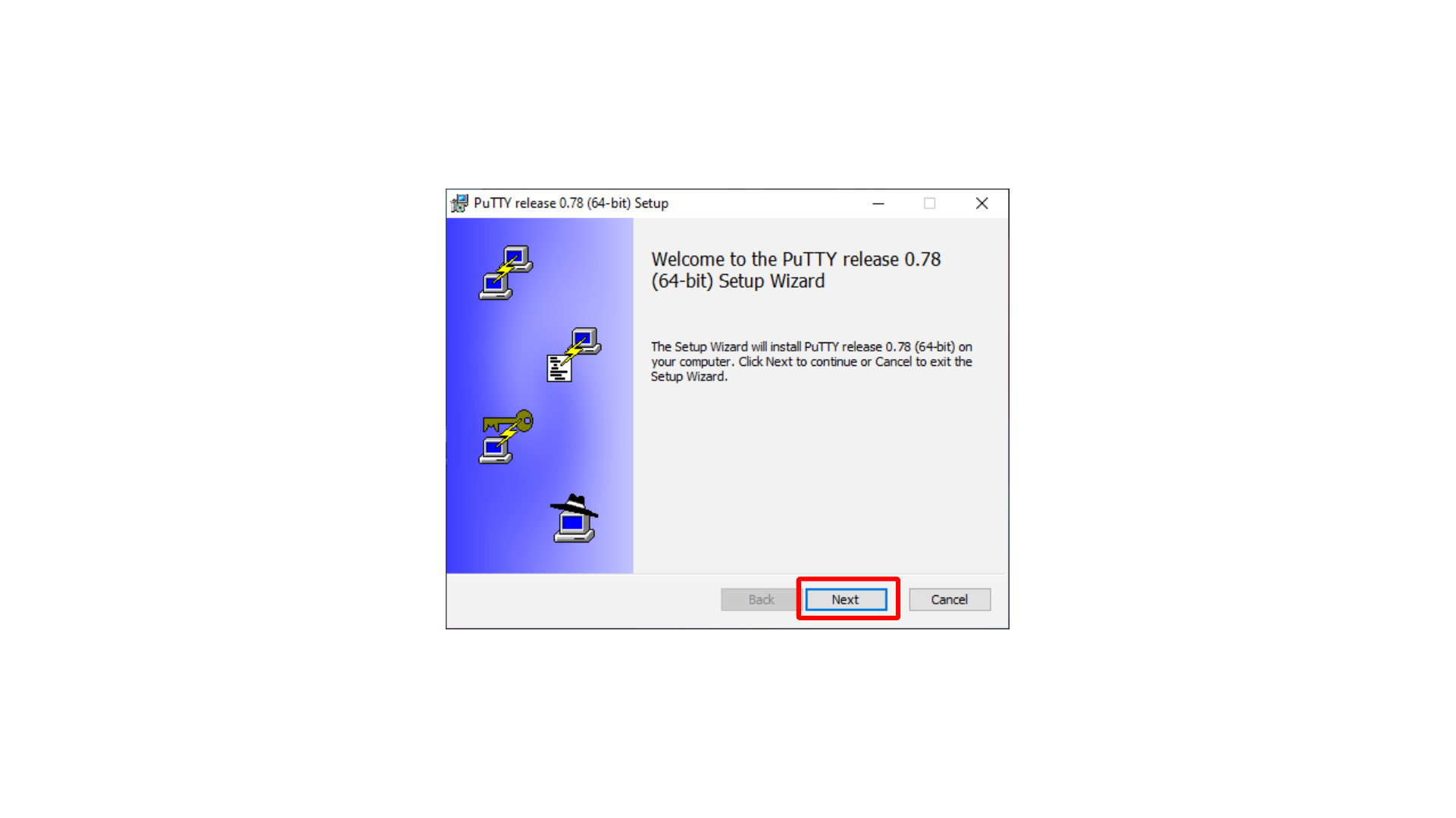 Starting the PuTTY setup wizard