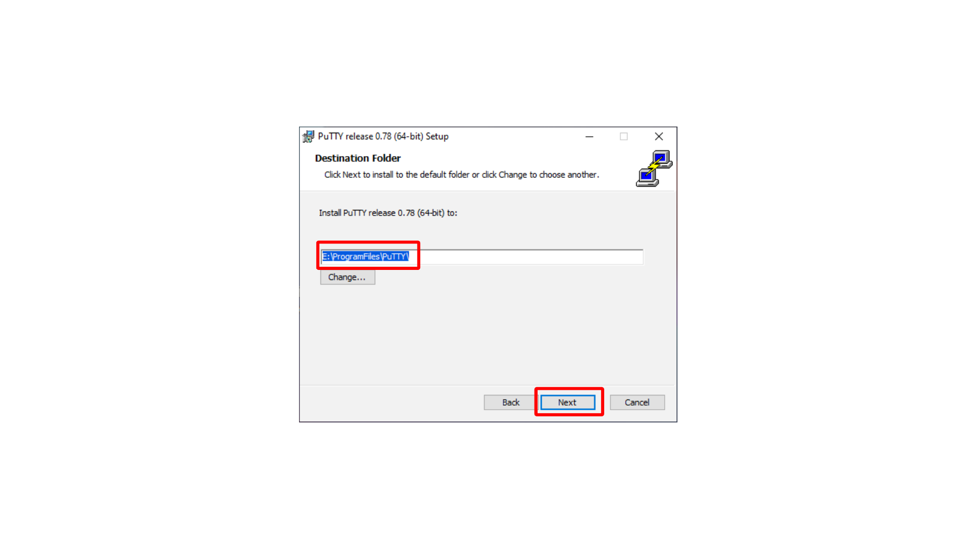Choosing the PuTTY installation folder
