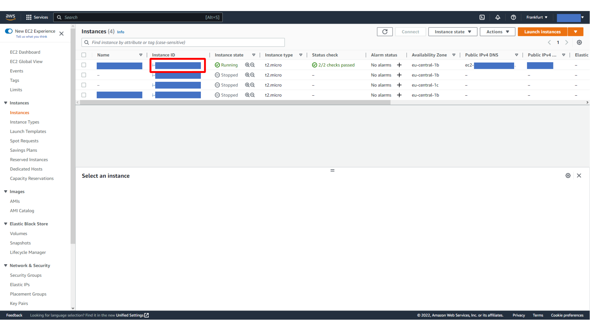 Opening the EC2 instance details page
