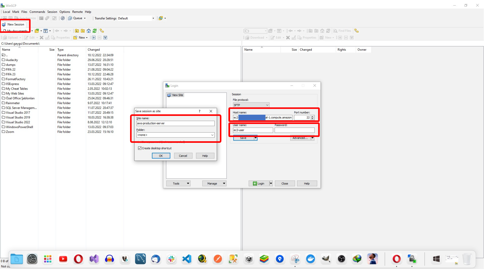 Creating and saving a new WinSCP session for EC2