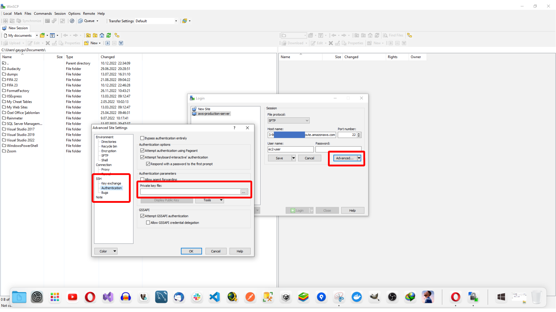 Opening SSH authentication settings in WinSCP