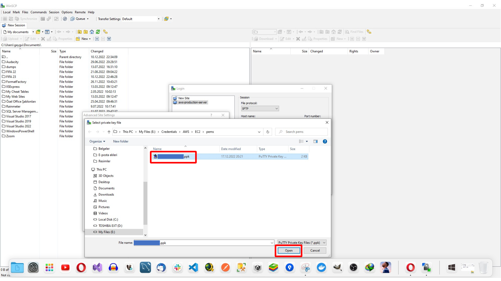 Selecting the generated PPK key file for WinSCP