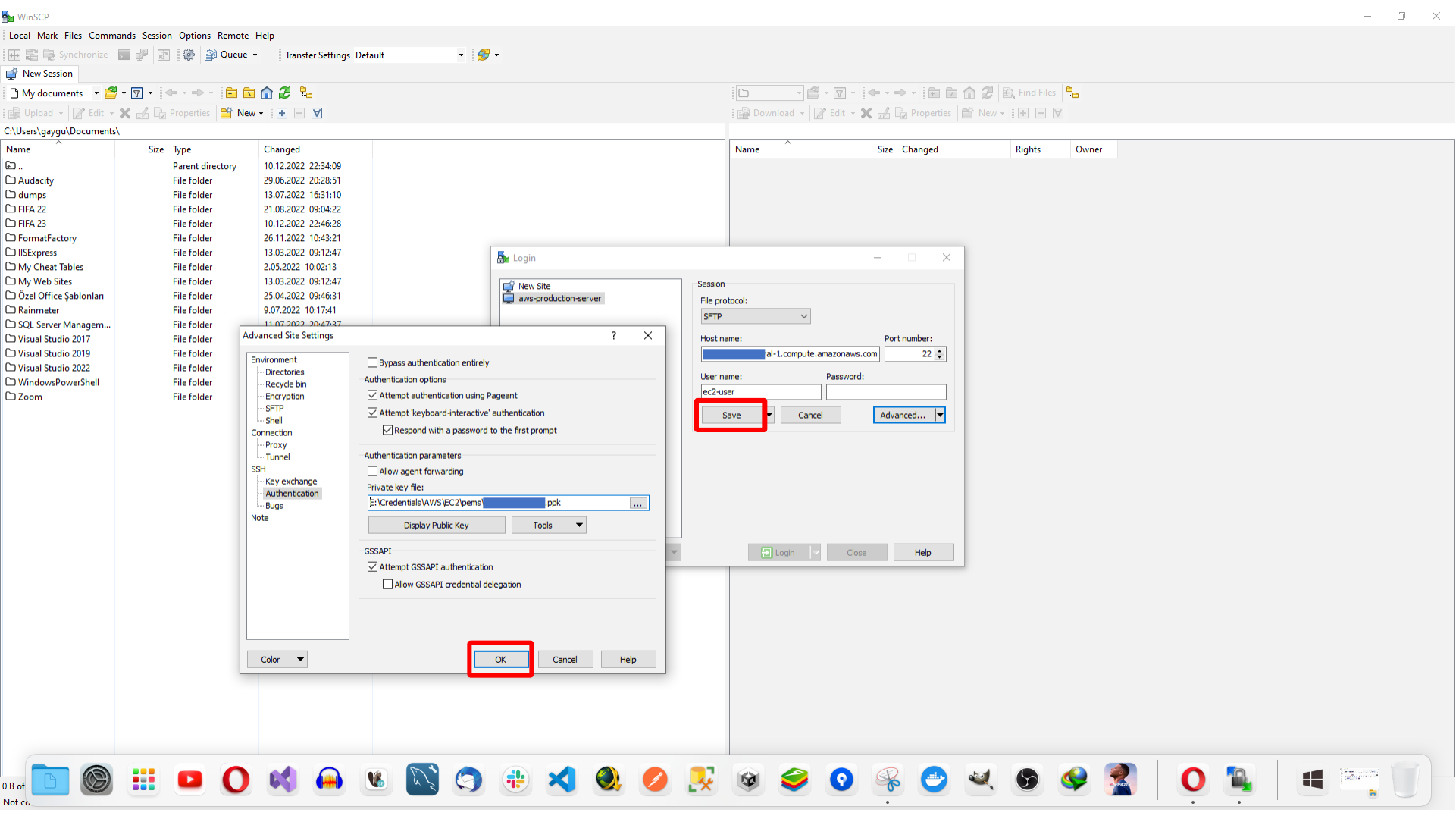 Confirming the WinSCP advanced site settings