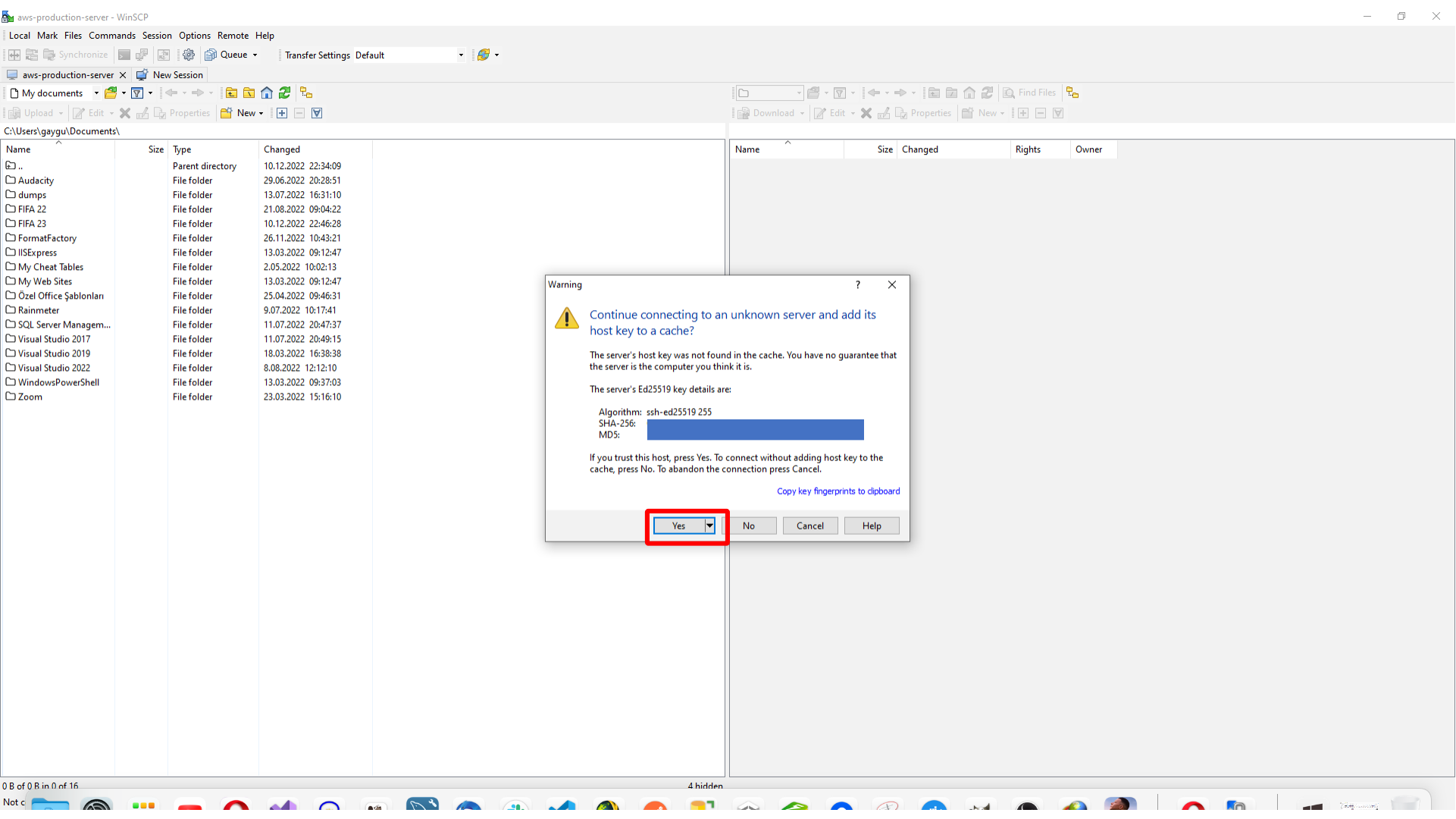 Accepting the WinSCP host key prompt