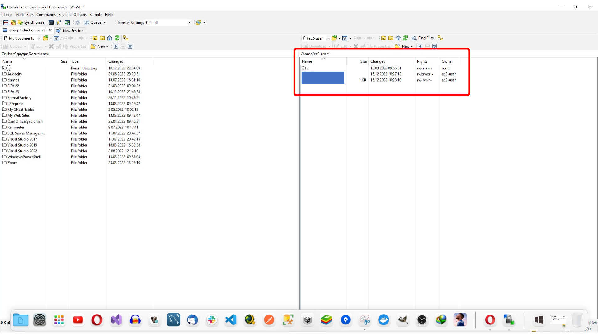 Connected EC2 file system shown in WinSCP
