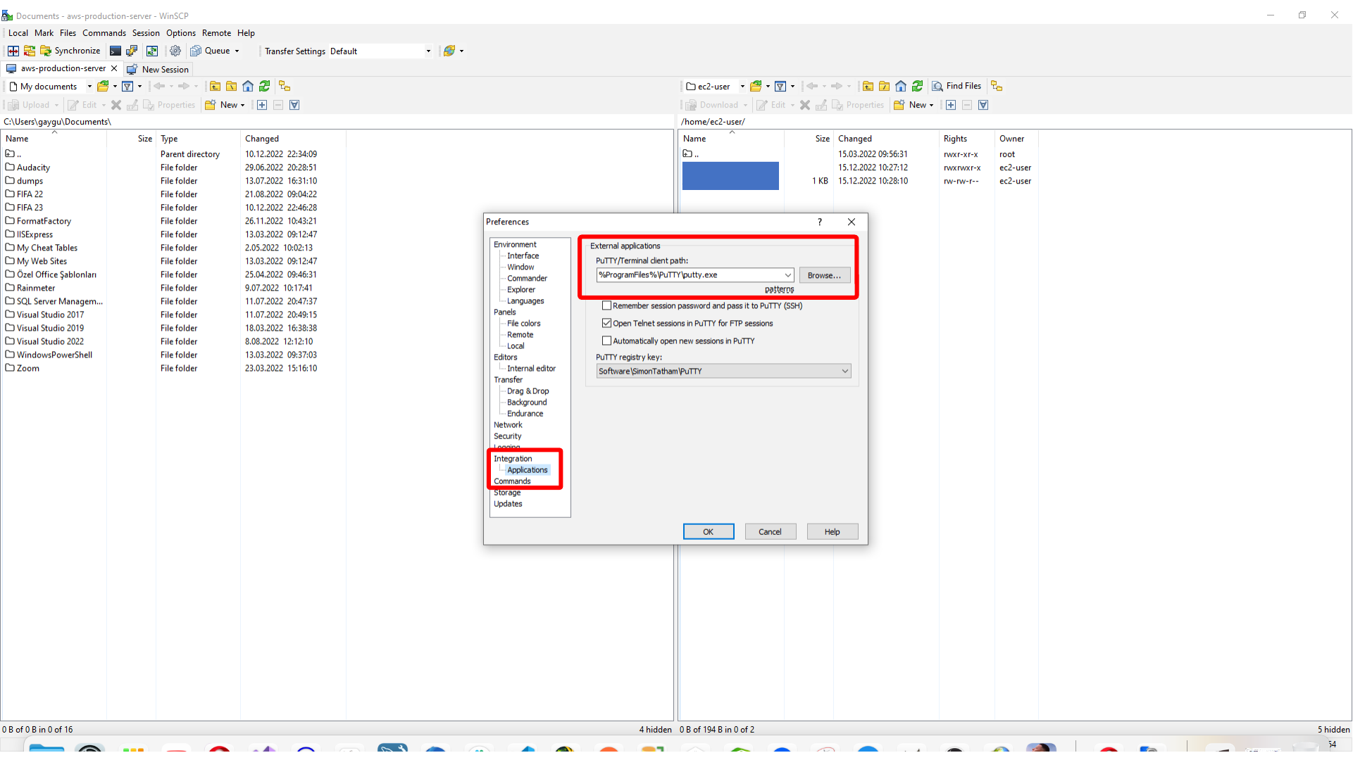 Opening external application settings in WinSCP