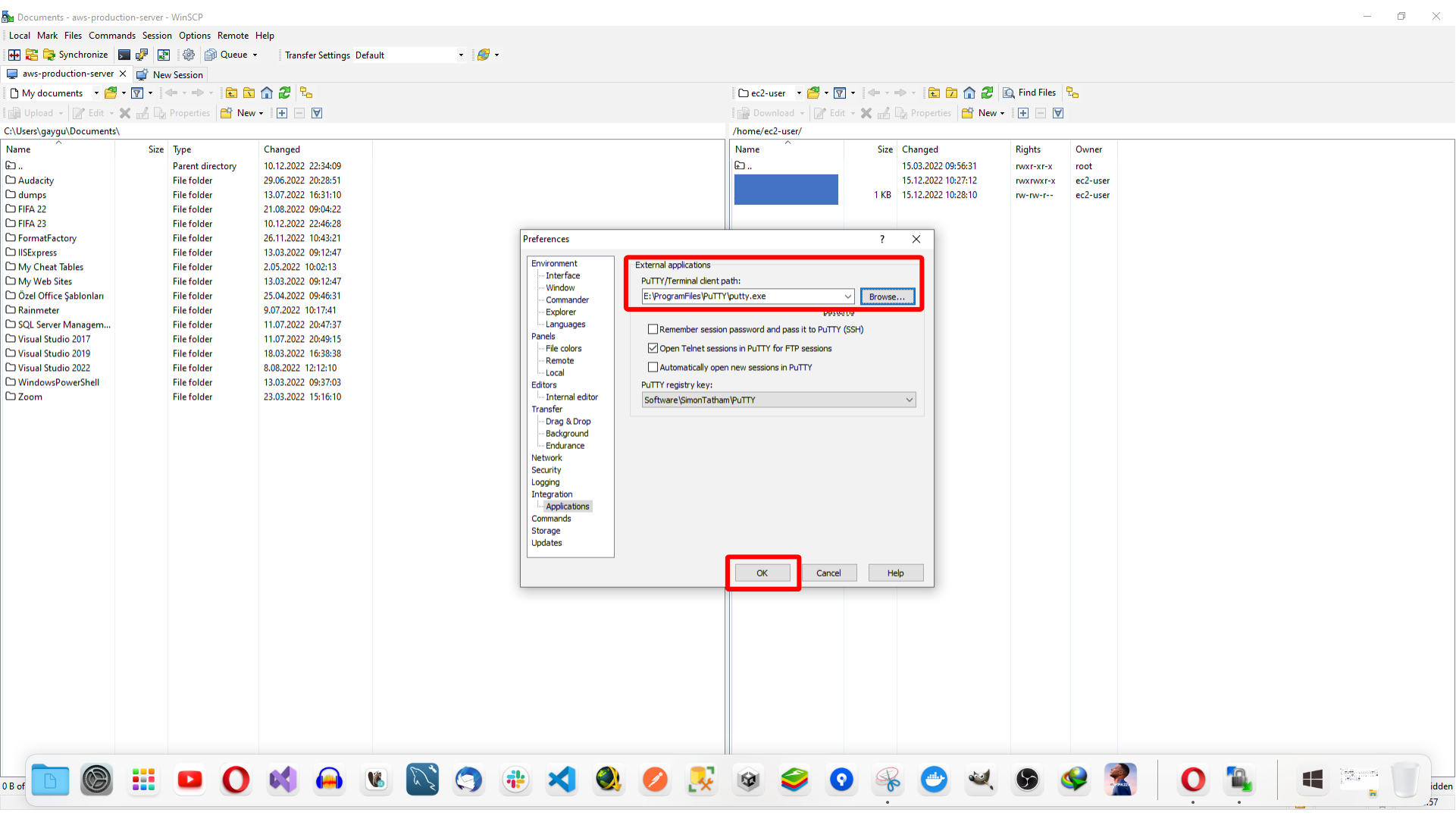 Applying the PuTTY integration settings in WinSCP
