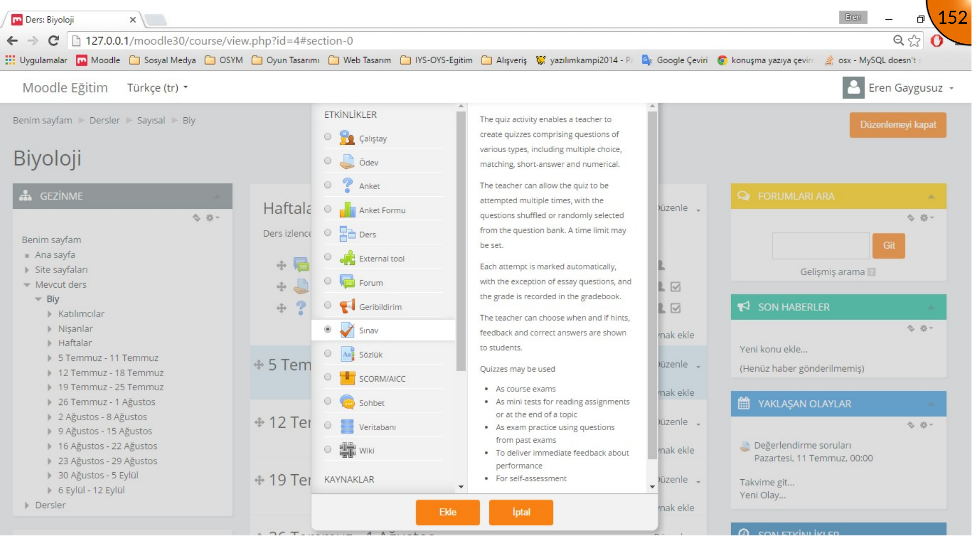 Selecting the Moodle Quiz activity