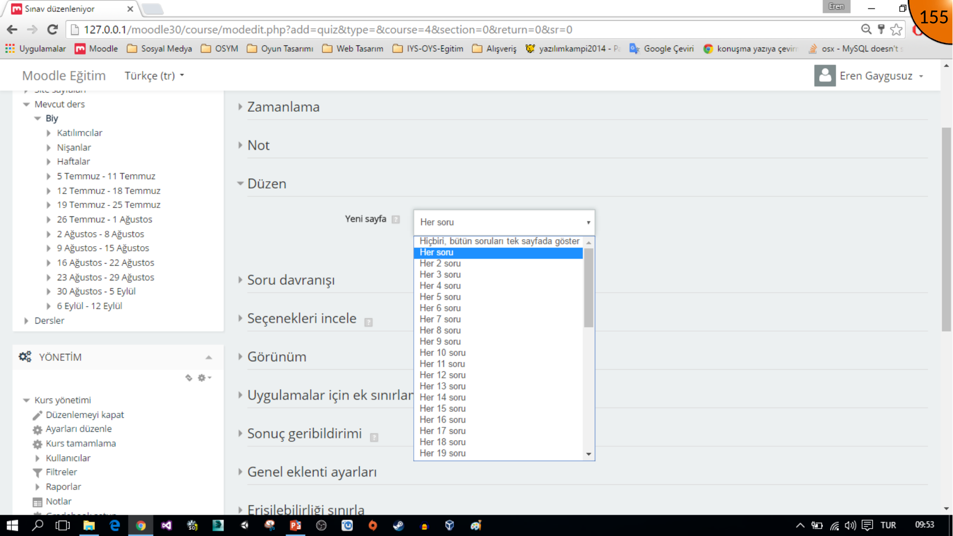 Moodle quiz layout settings