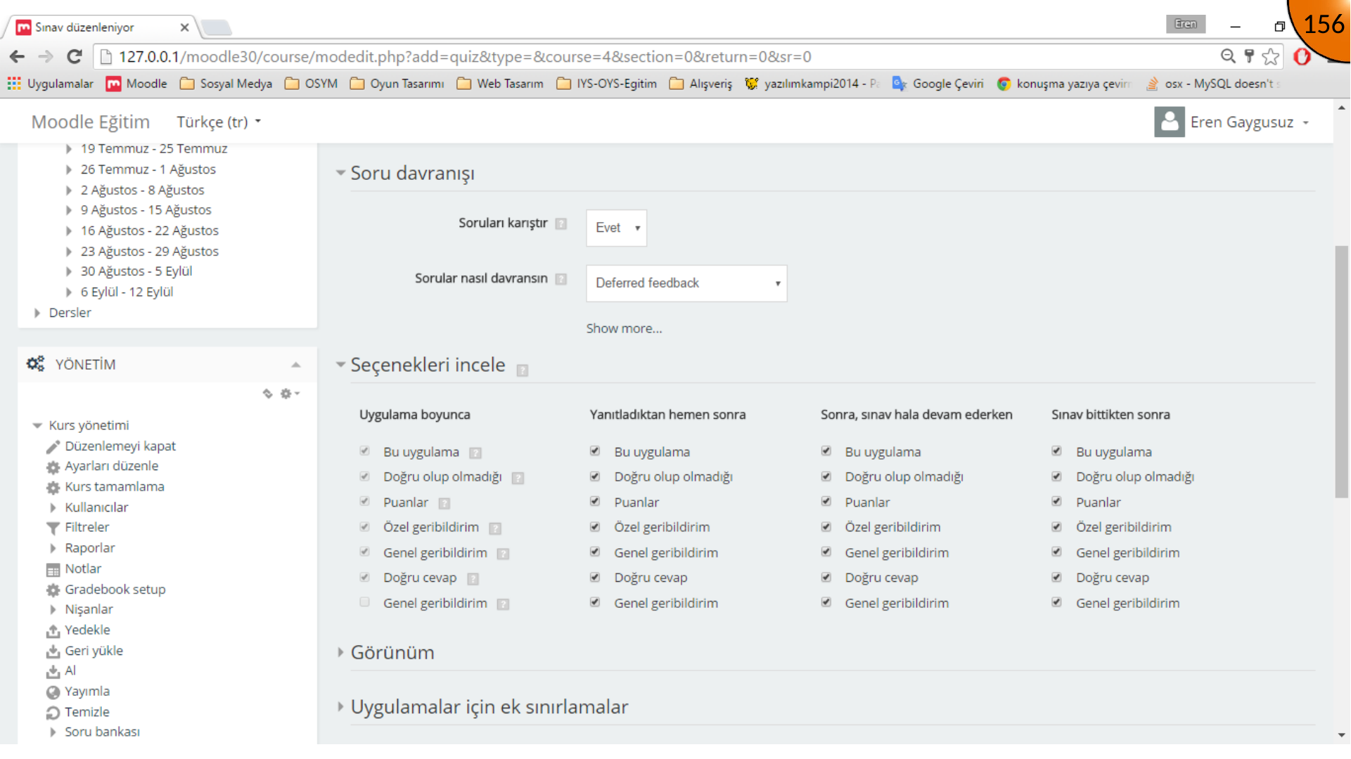 Moodle quiz question behavior and review options