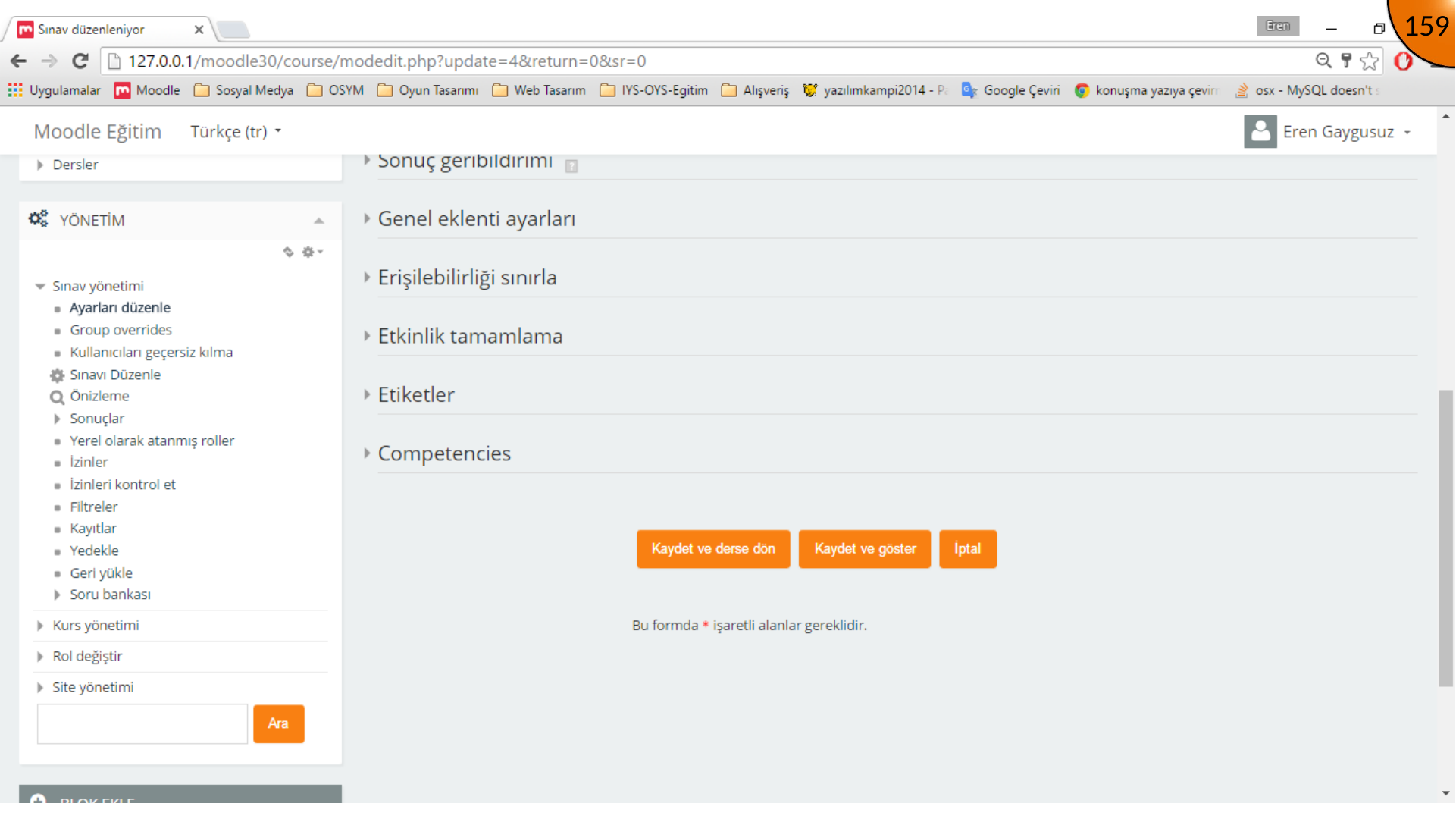 Saving the Moodle quiz and returning to the course