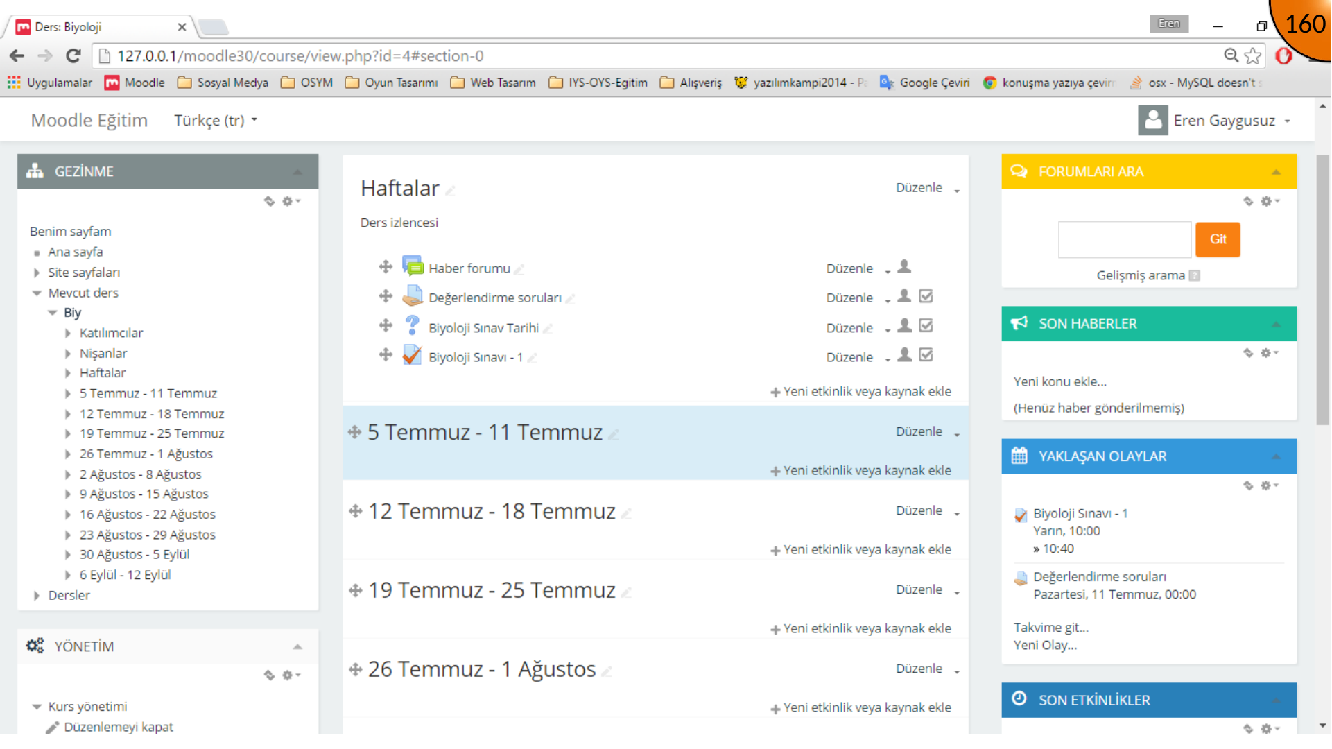 Moodle course page with the new quiz
