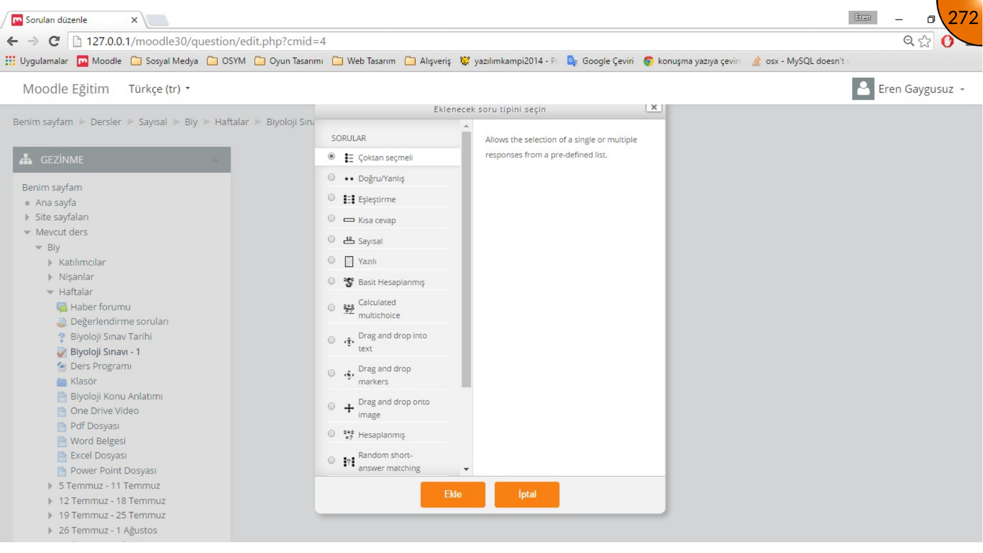 Selecting Moodle multiple choice question type