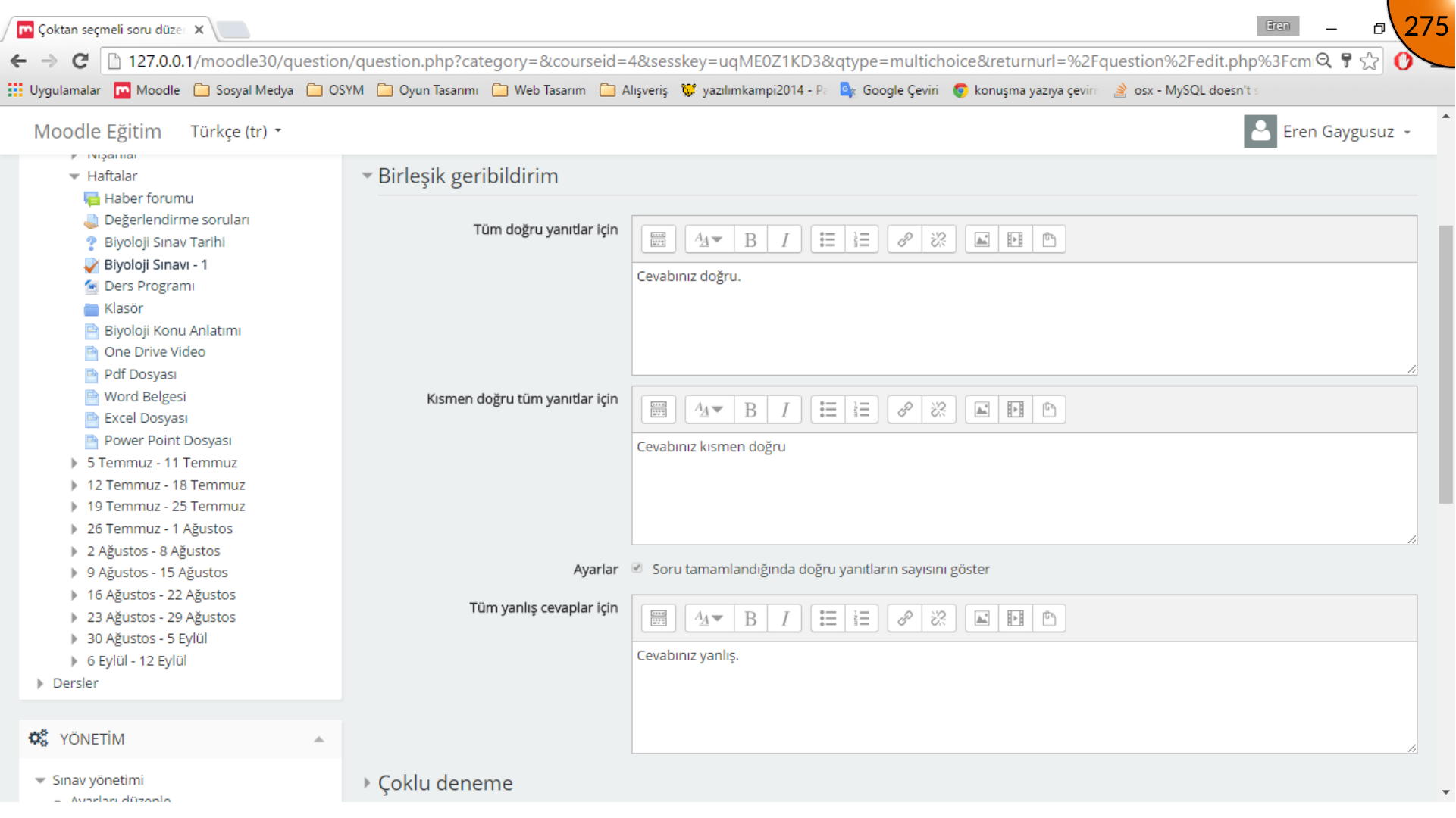 Editing combined feedback for multiple choice question