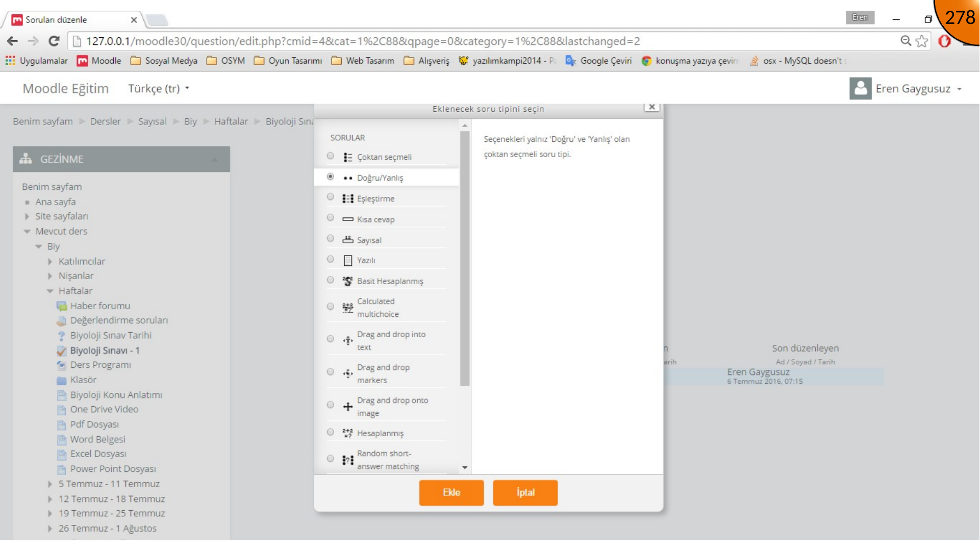 Selecting Moodle true false question type