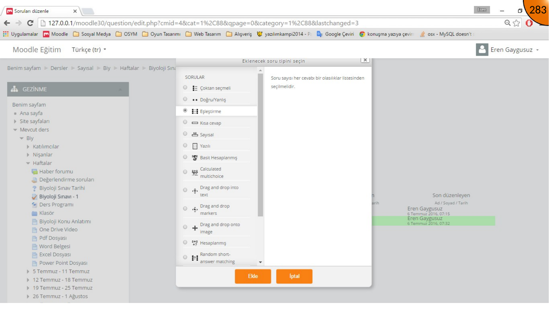 Selecting Moodle matching question type