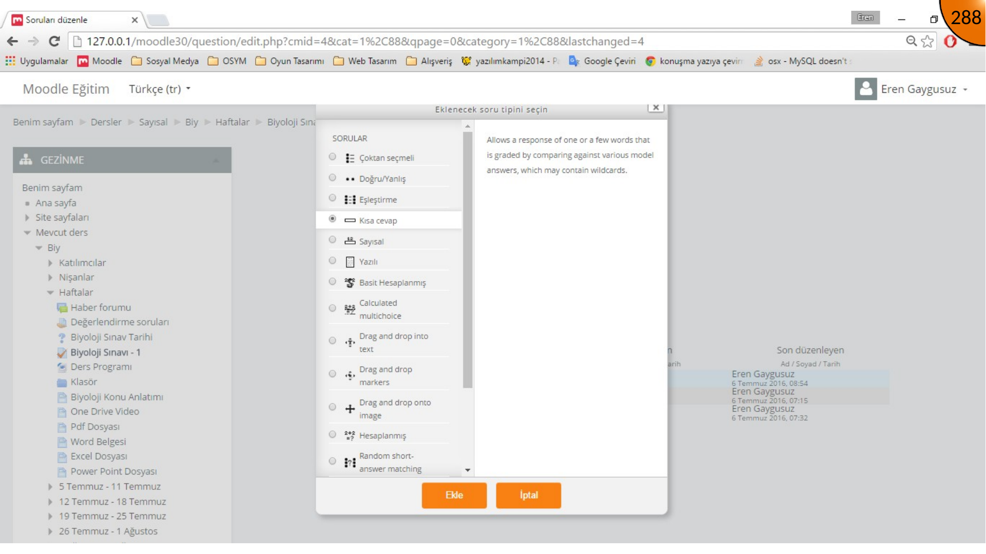 Selecting Moodle short answer question type