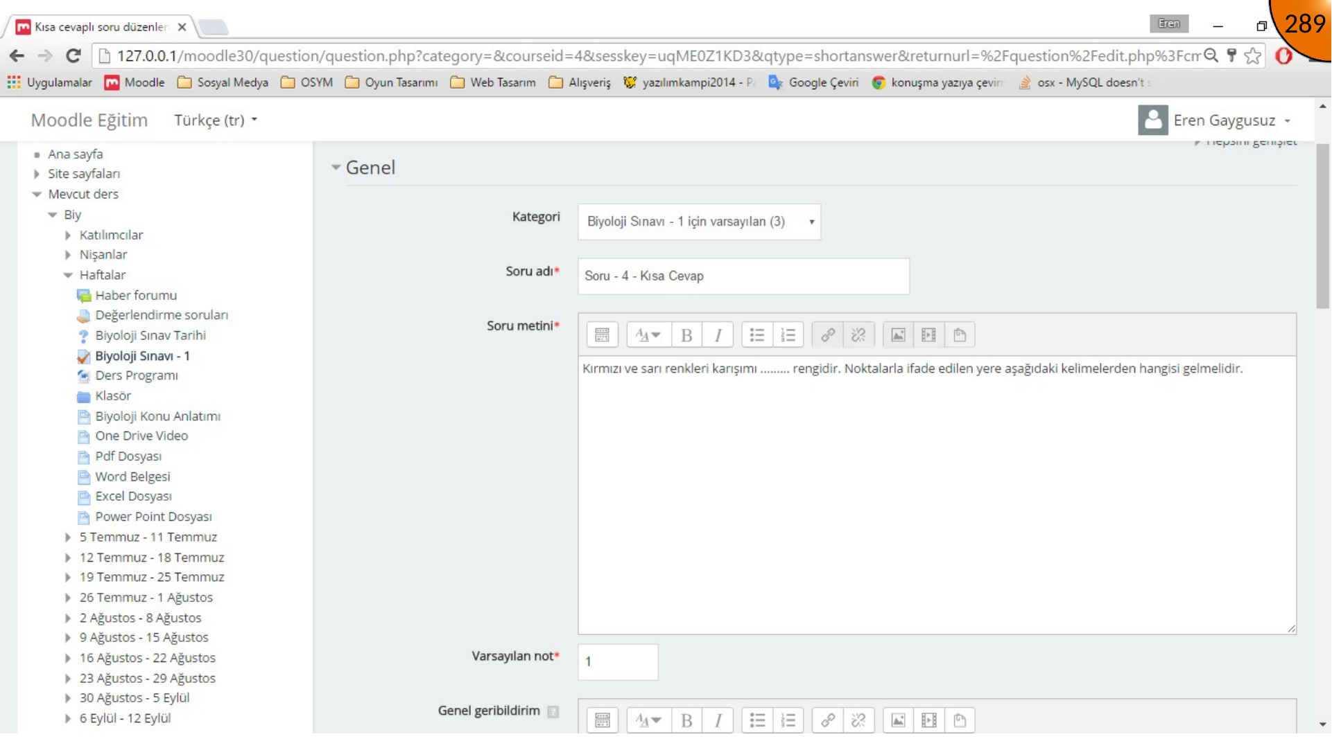 Entering short answer question settings