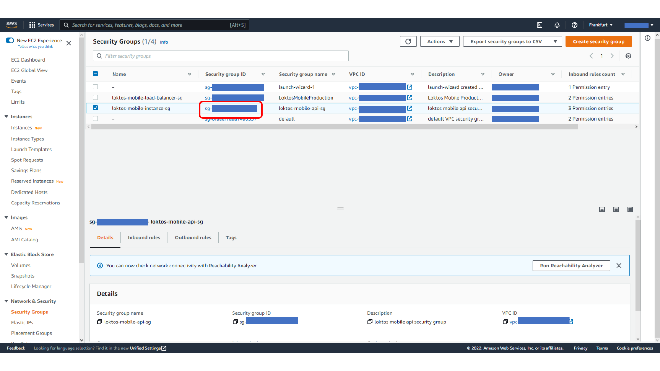 Opening the existing EC2 instance security group