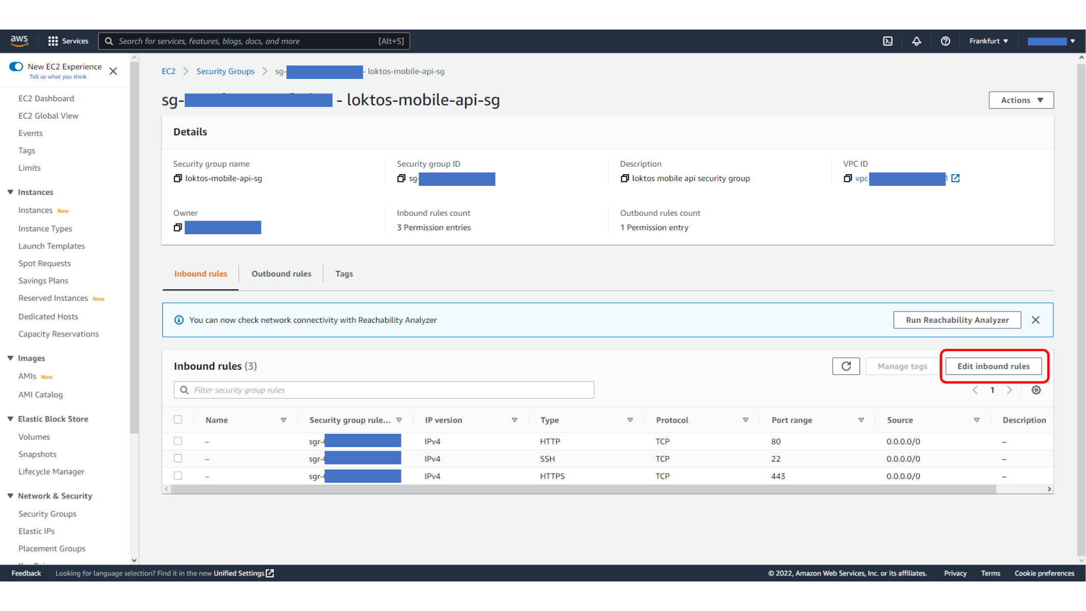 Editing inbound rules for the EC2 instance security group