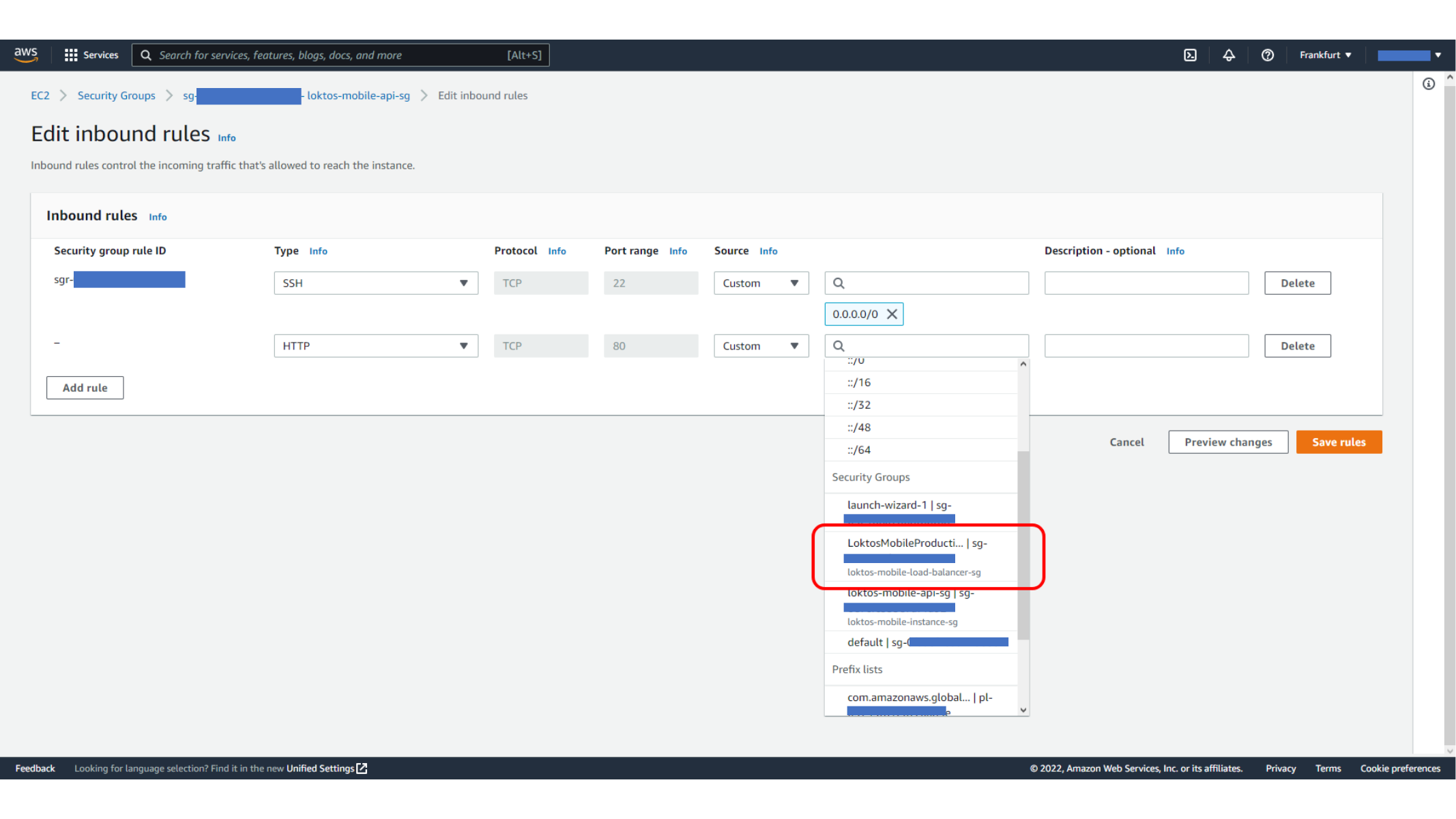 Saving the EC2 security group inbound rule changes