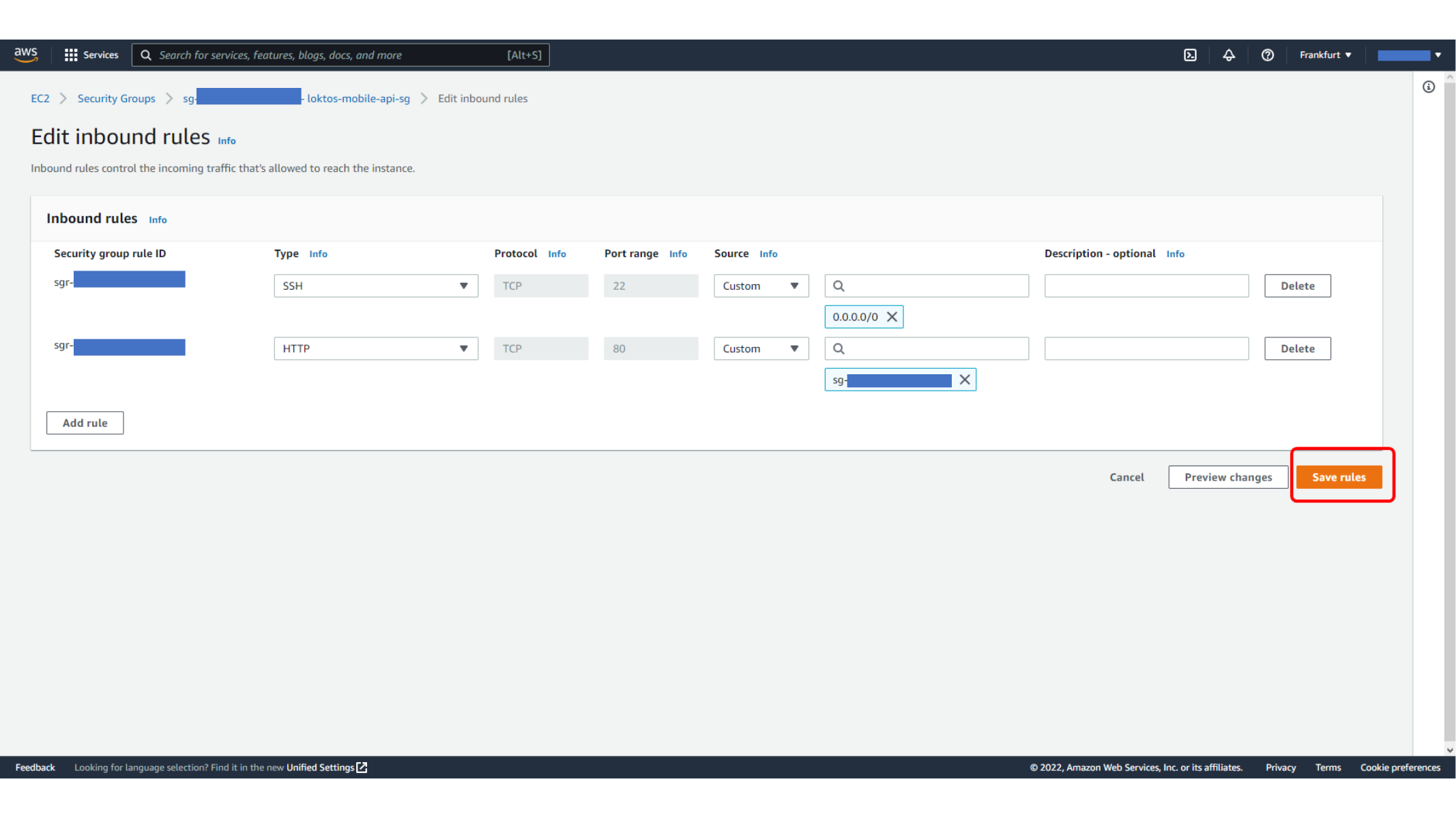 Updated EC2 security group rules