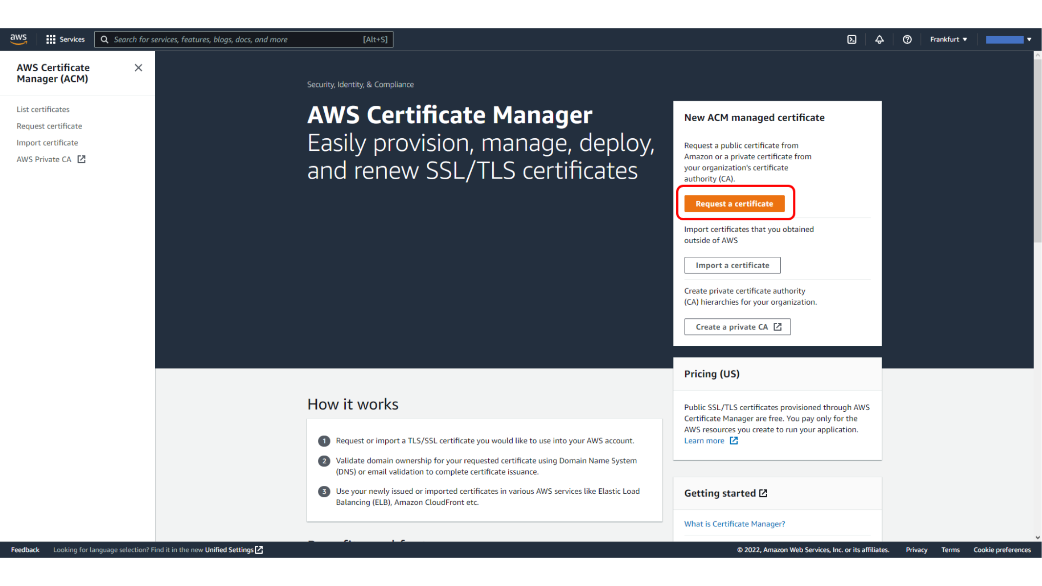 Requesting a public certificate in ACM