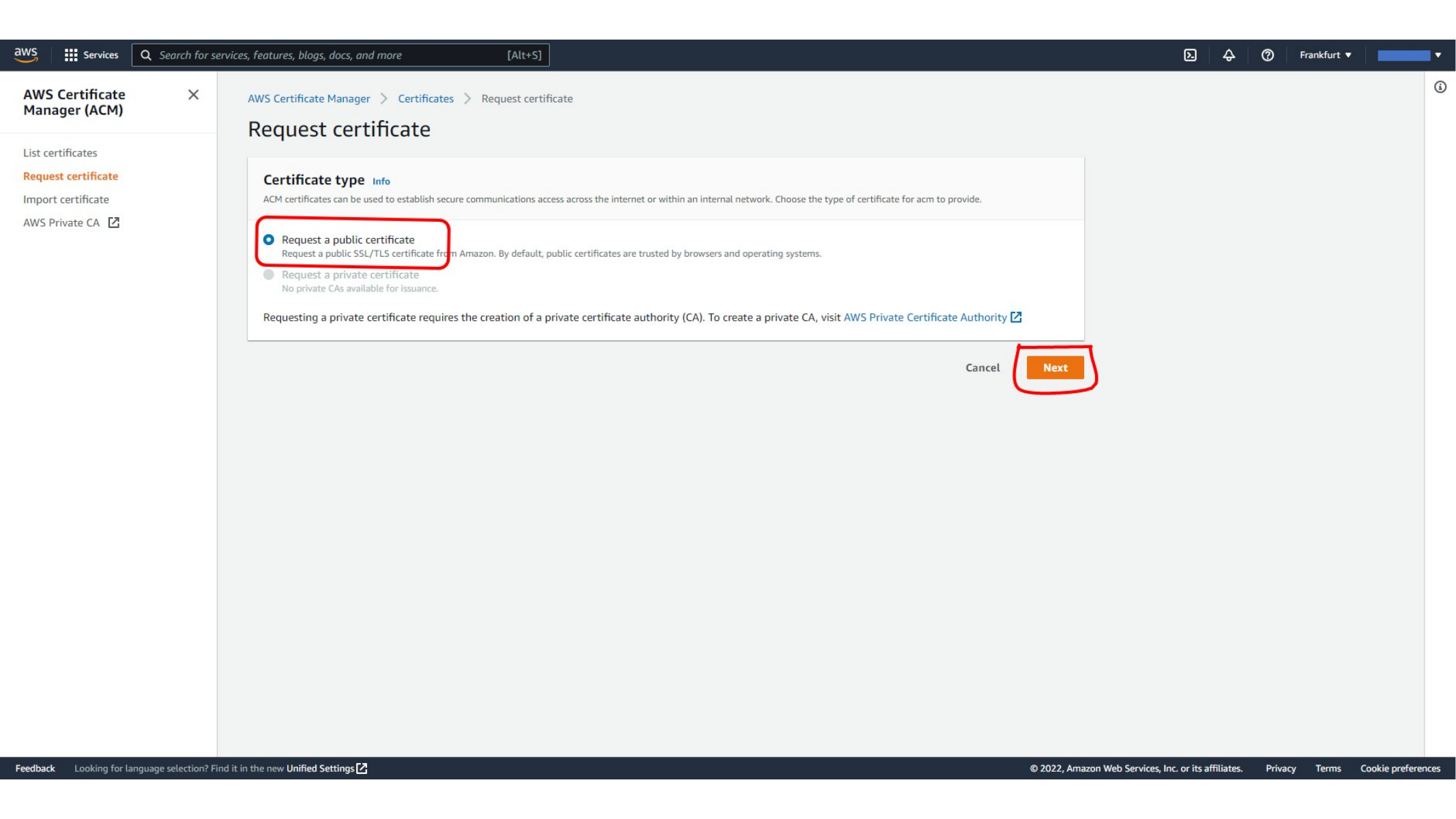 Entering the domain name for the ACM certificate