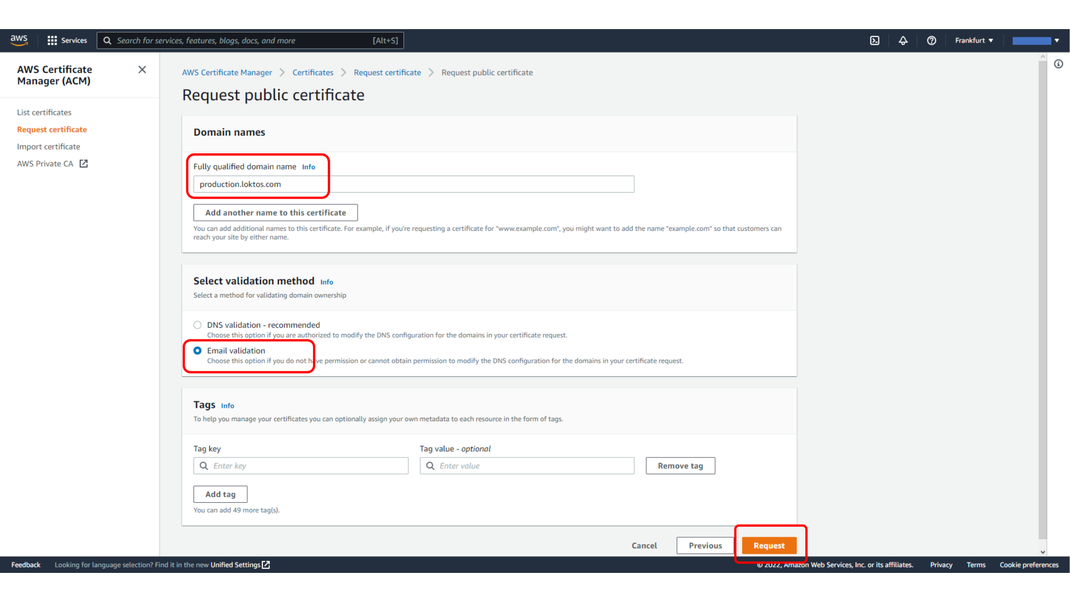 Choosing DNS validation for the ACM certificate