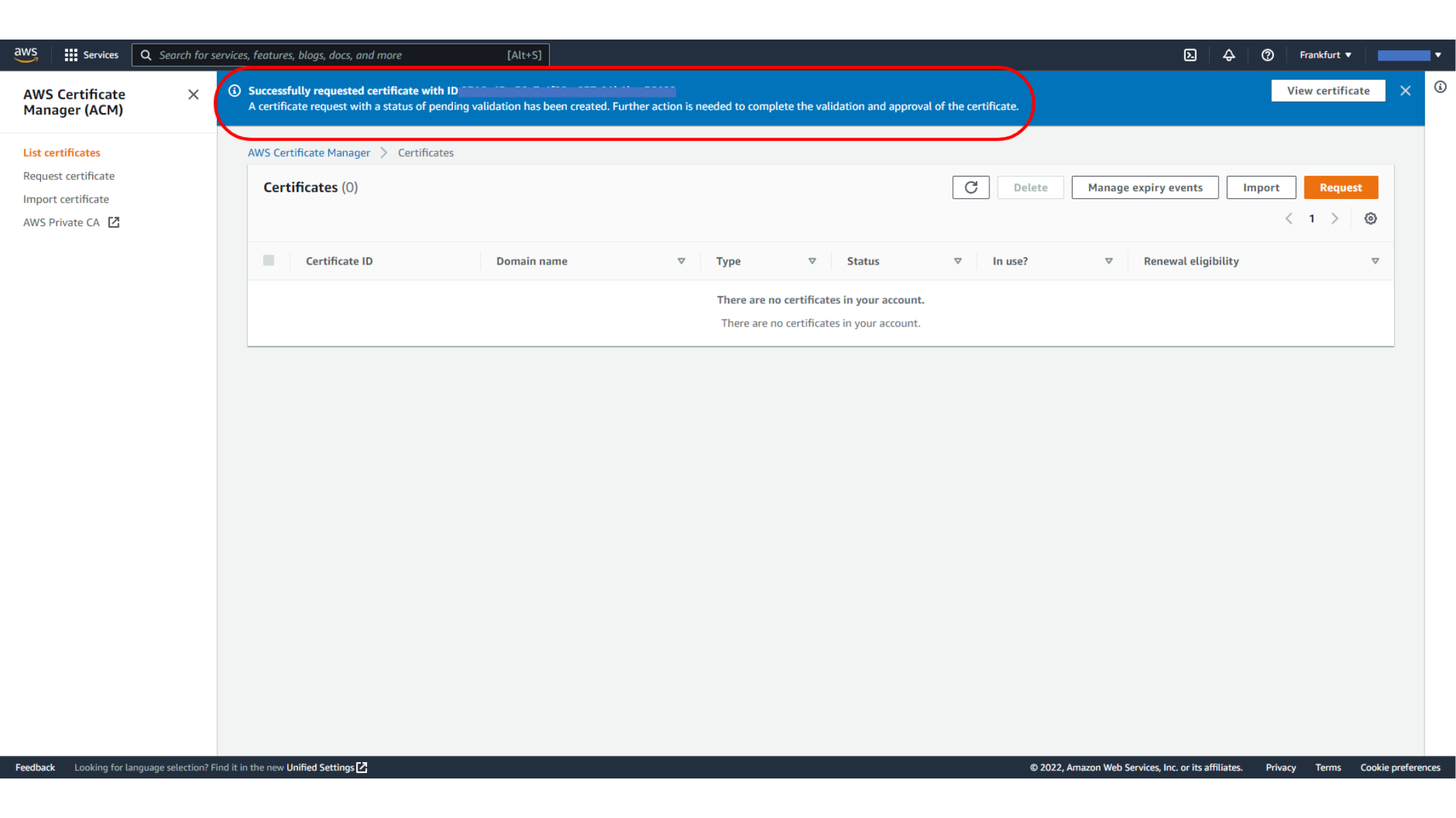 ACM certificate request created
