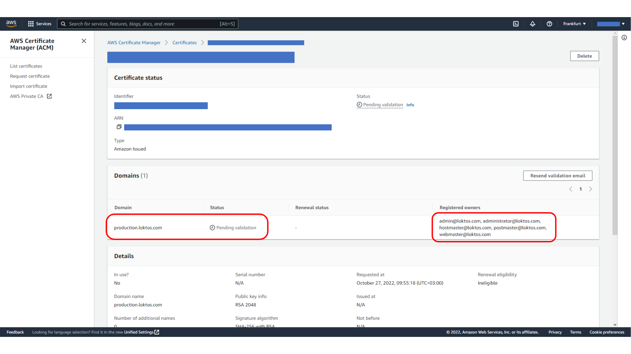 Viewing DNS validation details for the ACM certificate