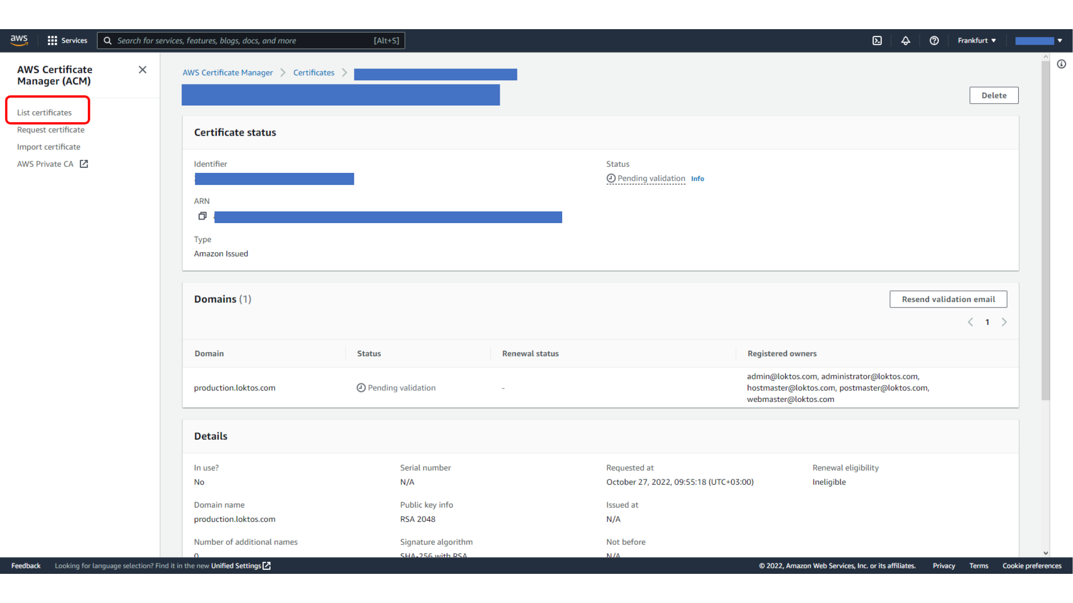 ACM certificate issued after DNS validation