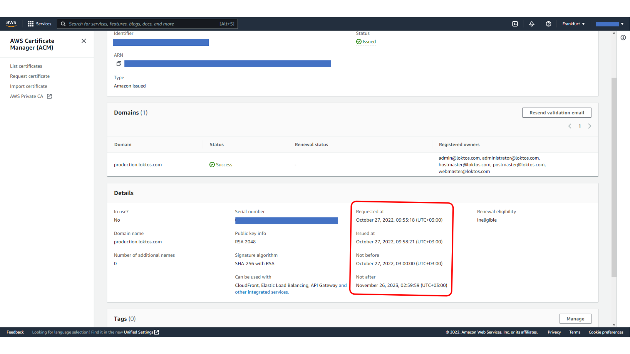 Validated ACM certificate ready for load balancer usage