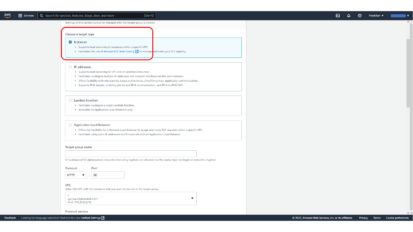 Setting target group protocol and port