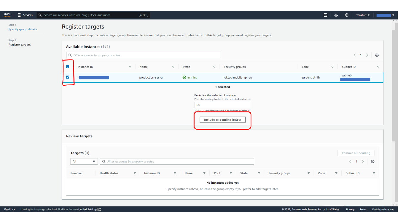 Selecting the EC2 instance for the target group