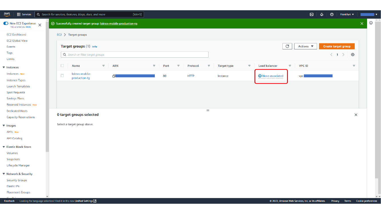 Created target group with EC2 instance target