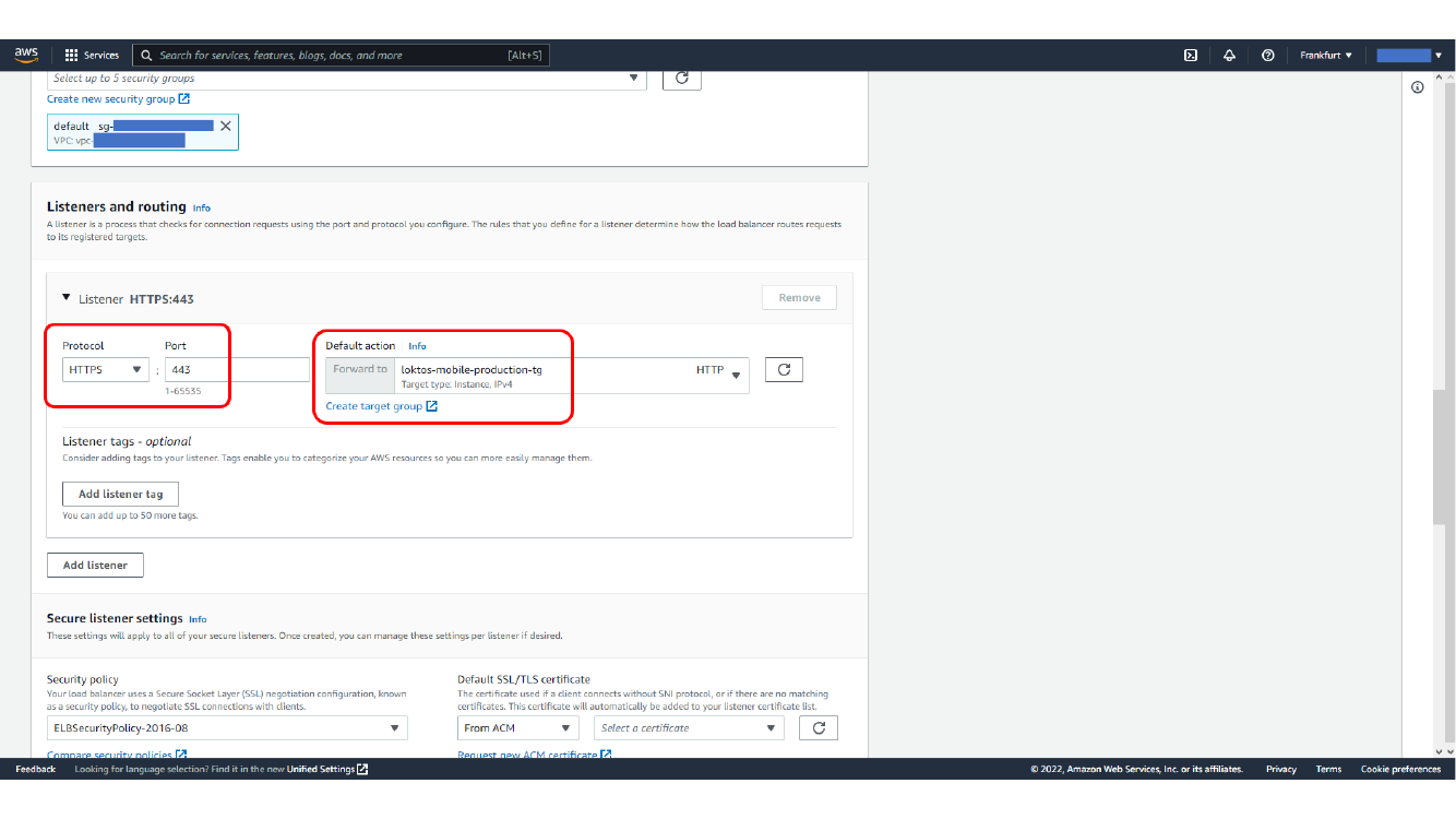 Reviewing HTTPS listener and certificate settings