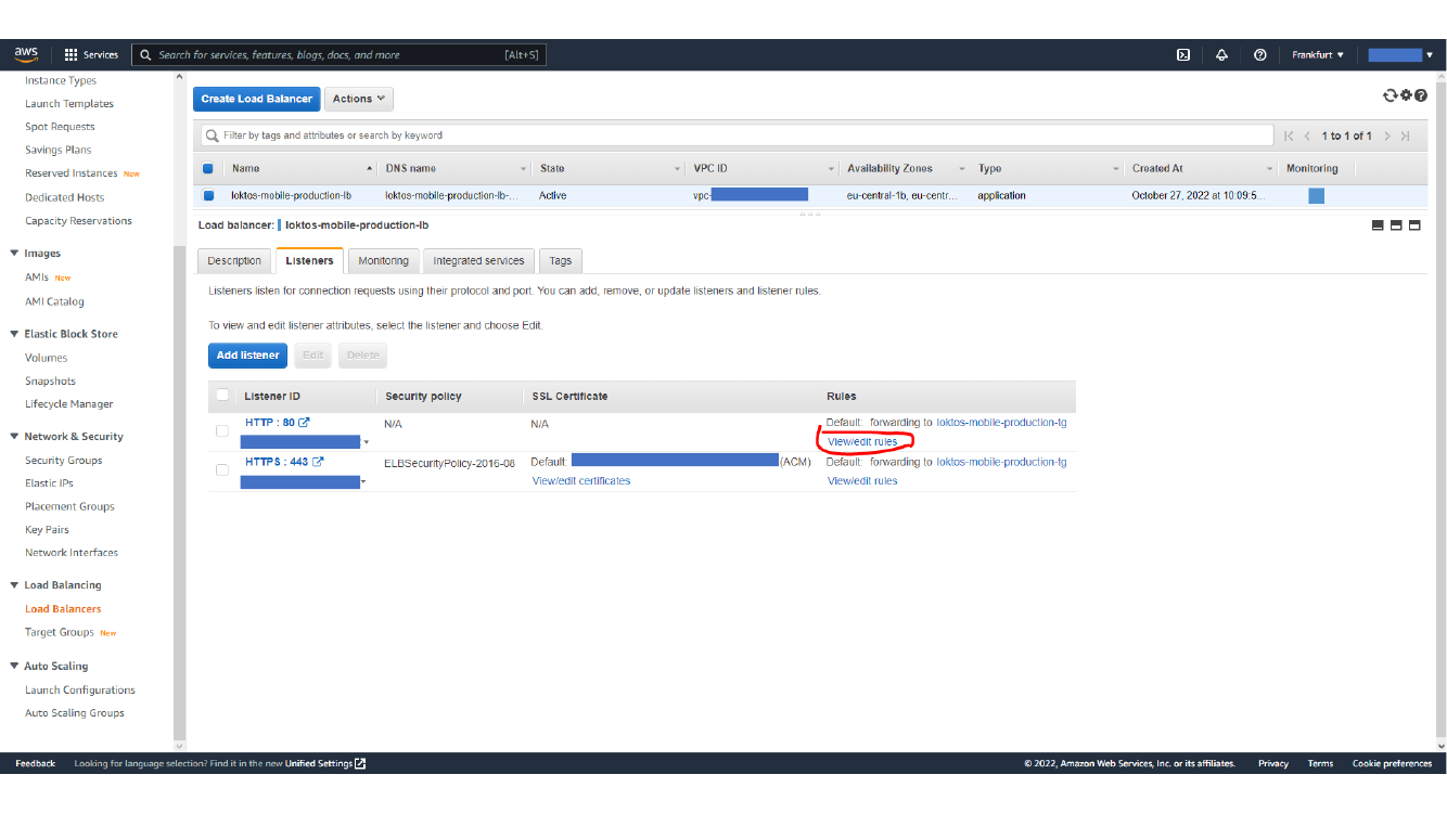 Opening HTTP listener rules on the load balancer