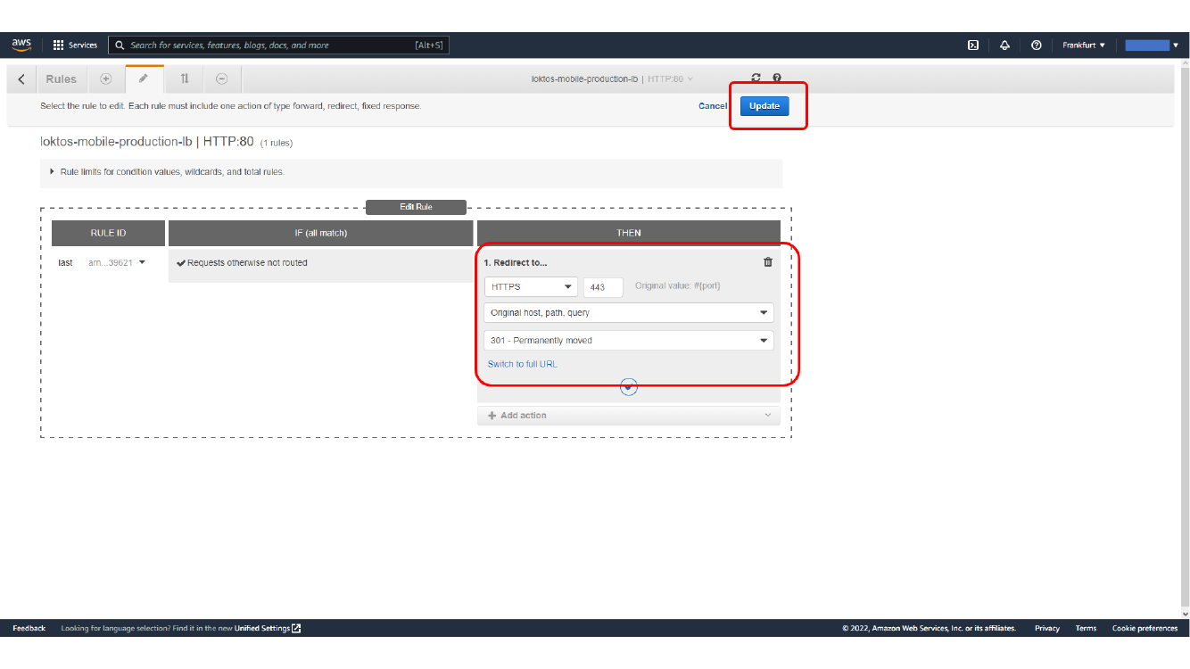 Configuring redirect to HTTPS port 443