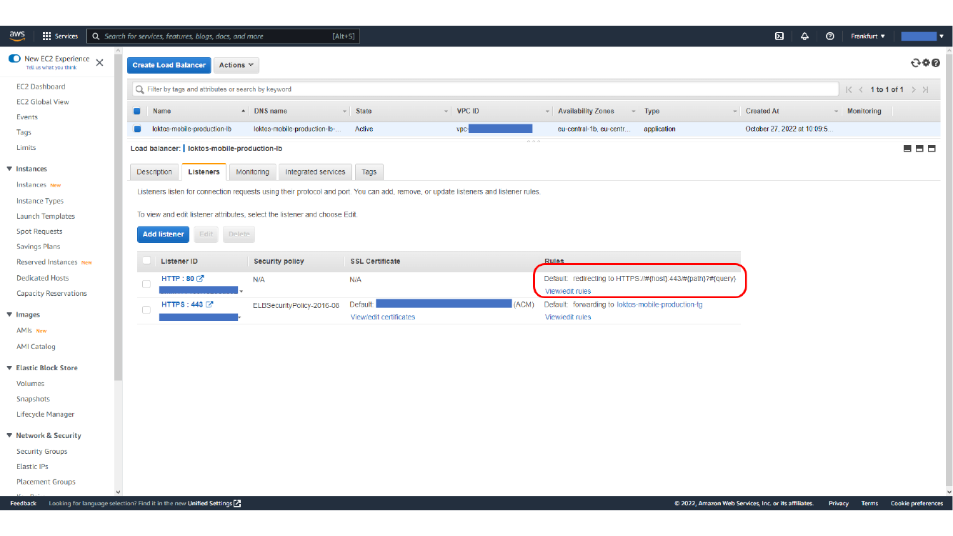 Updated HTTP listener rule redirecting to HTTPS