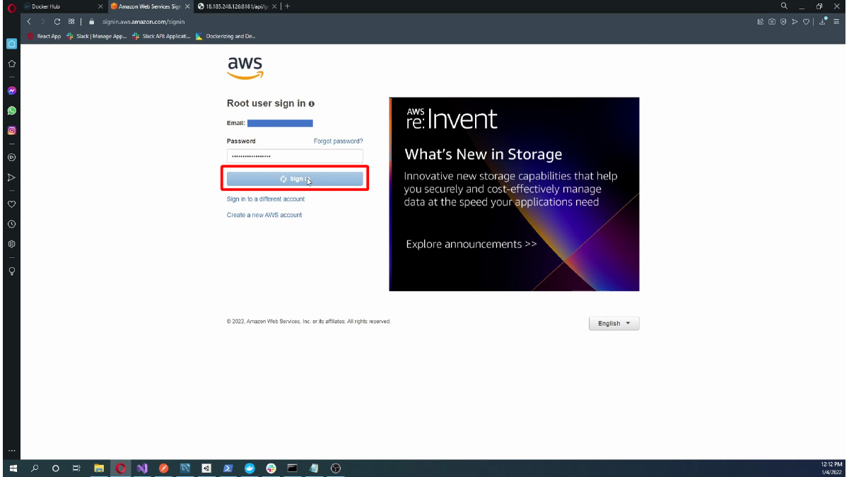 Entering the AWS account password