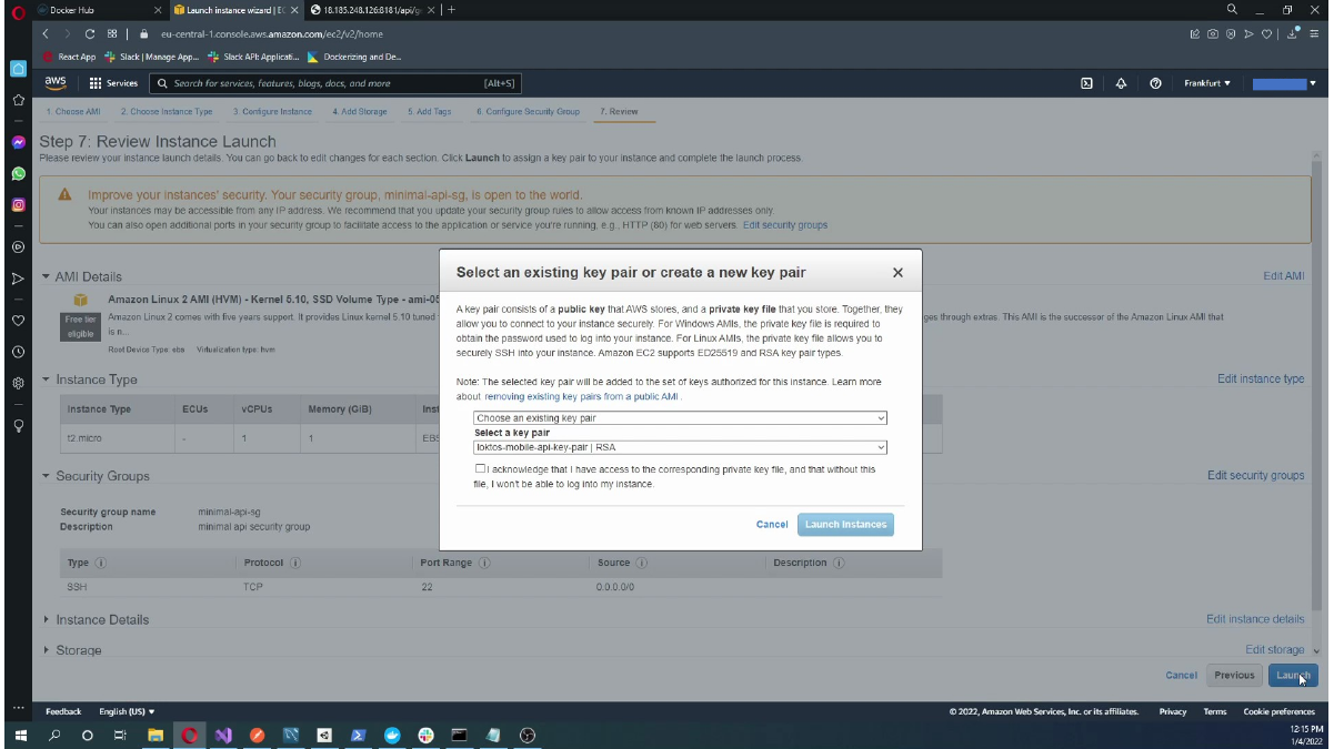 Opening the EC2 key pair selection dialog